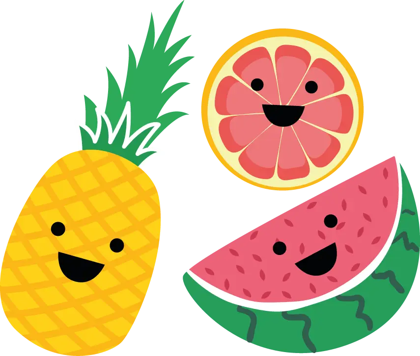 Happy Cartoon Fruits – Pineapple, Watermelon, and Grapefruit