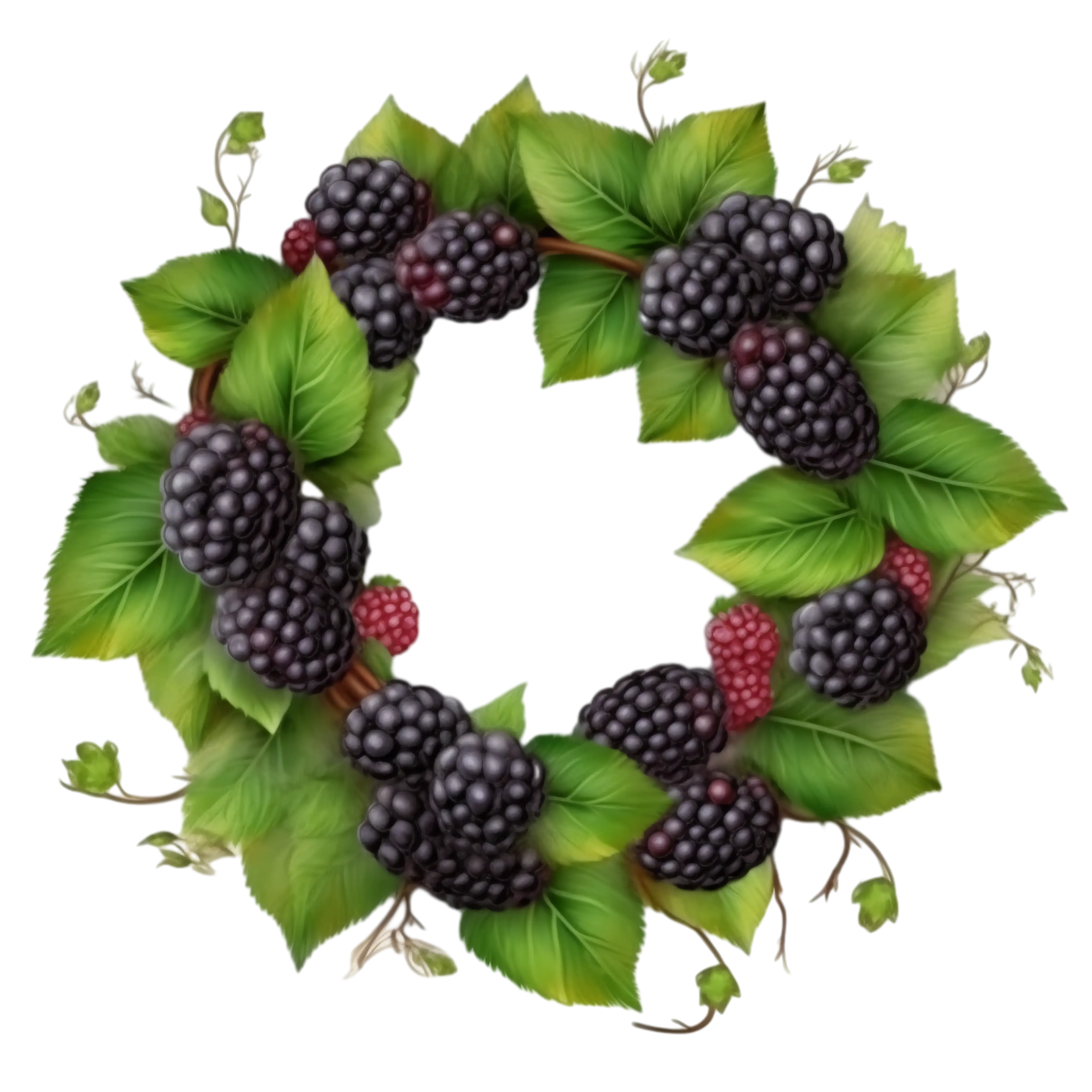 Blackberries with Green Leaves