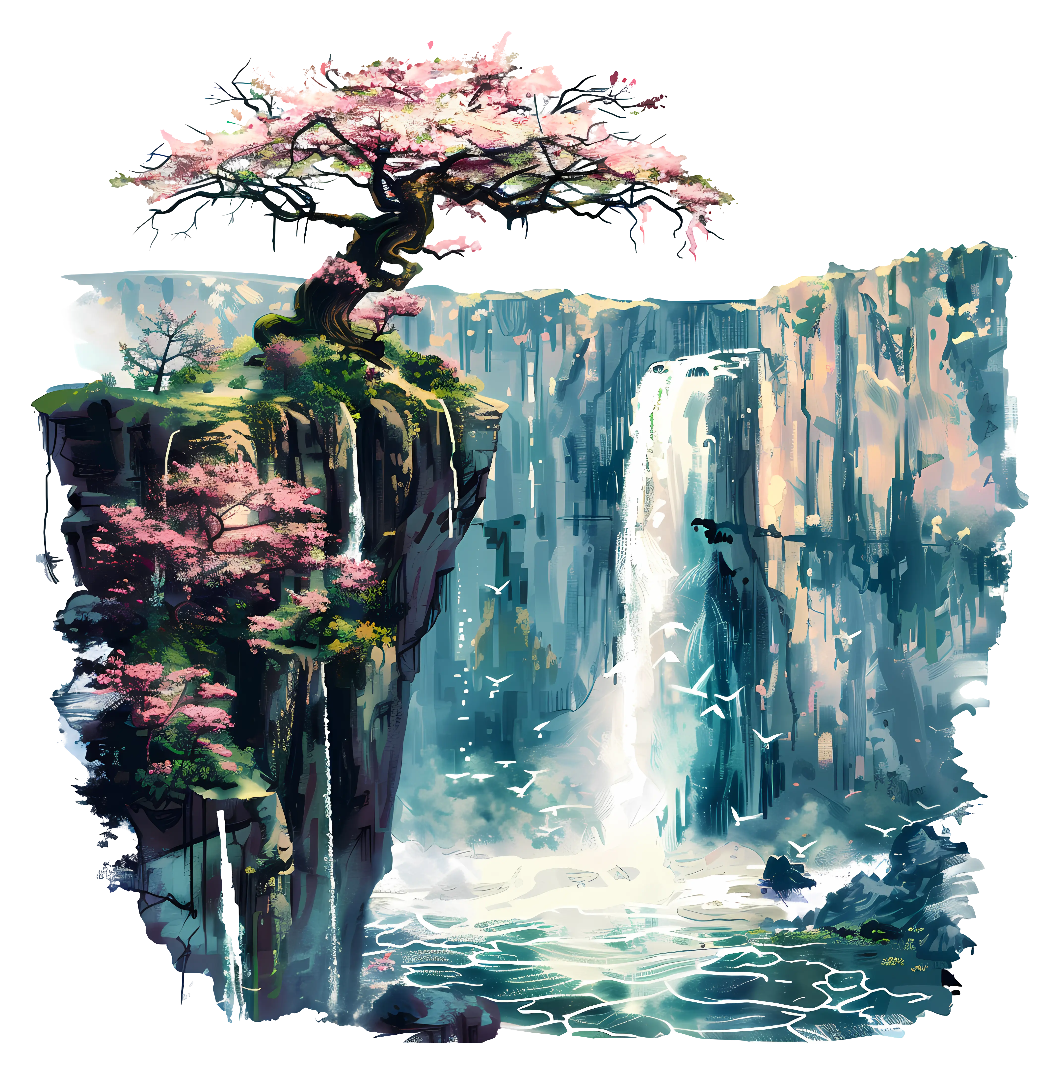 Beautiful Waterfall with Cherry Blossom Tree