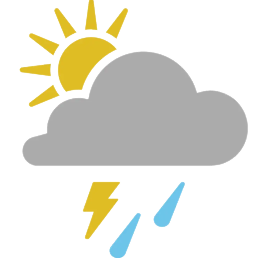 Weather Icon with Sun, Rain, and Lightning