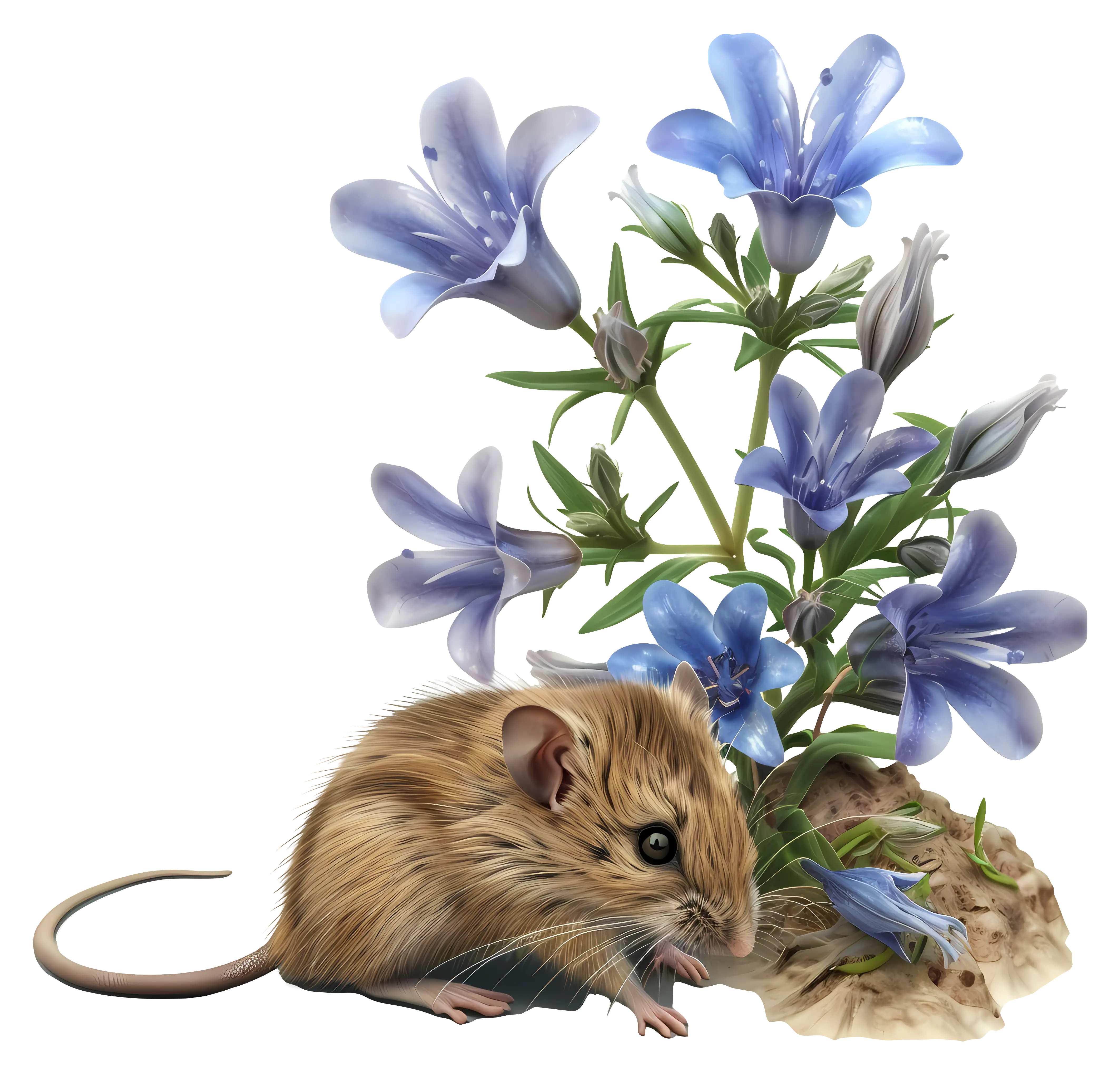 Mouse Sitting Near Blue Flowers Illustration