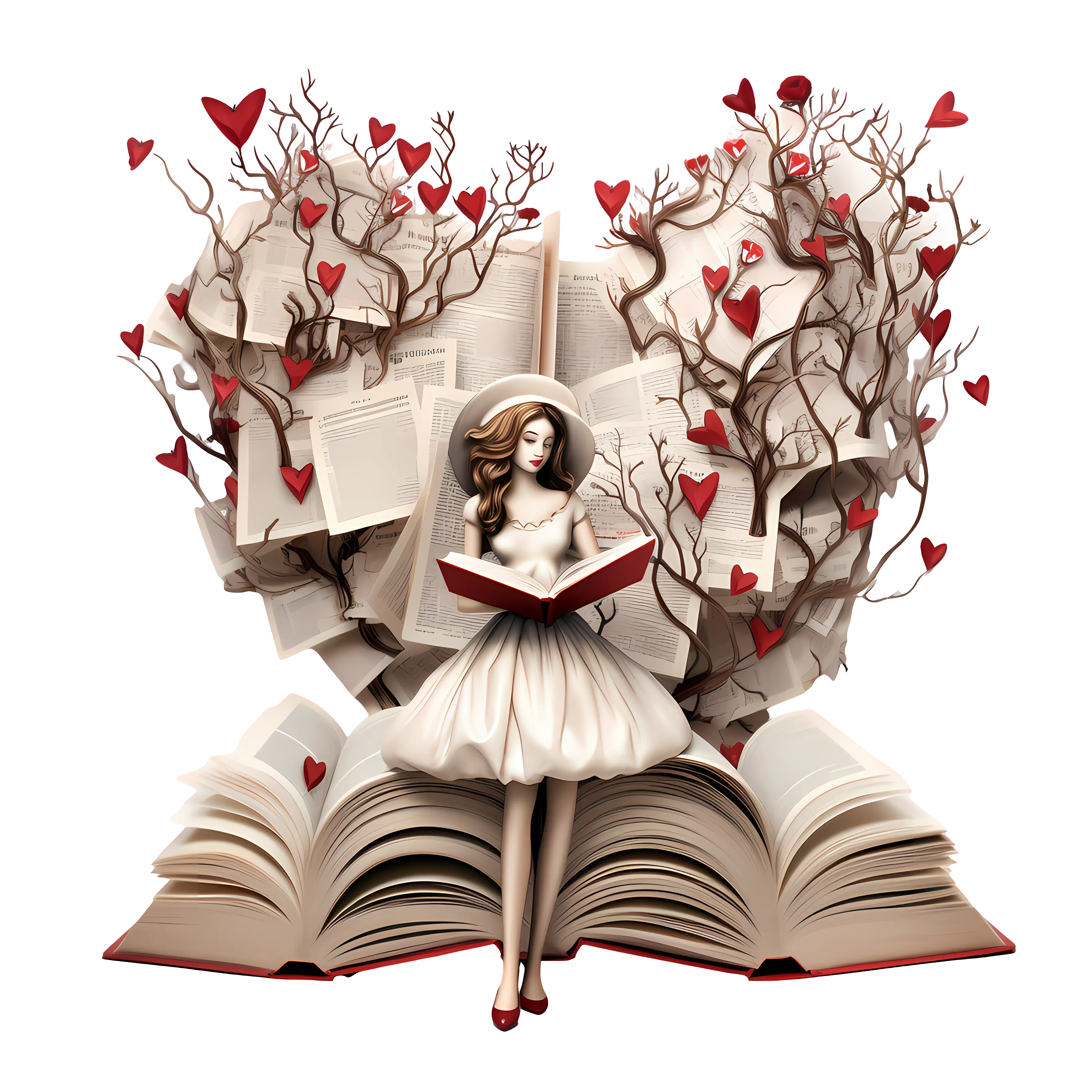 Girl Reading Books with Heart Illustration