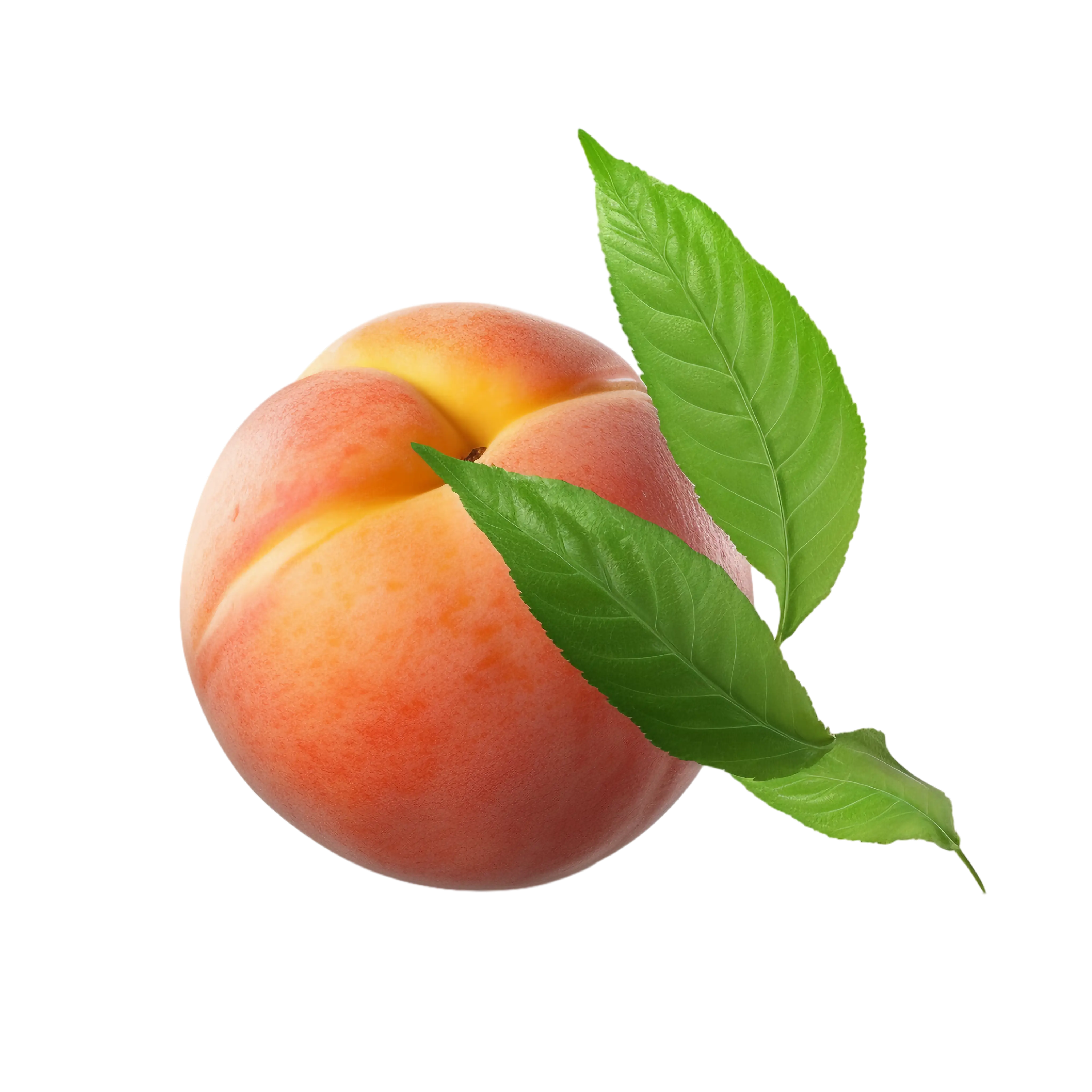Ripe Peach with Fresh Leaves