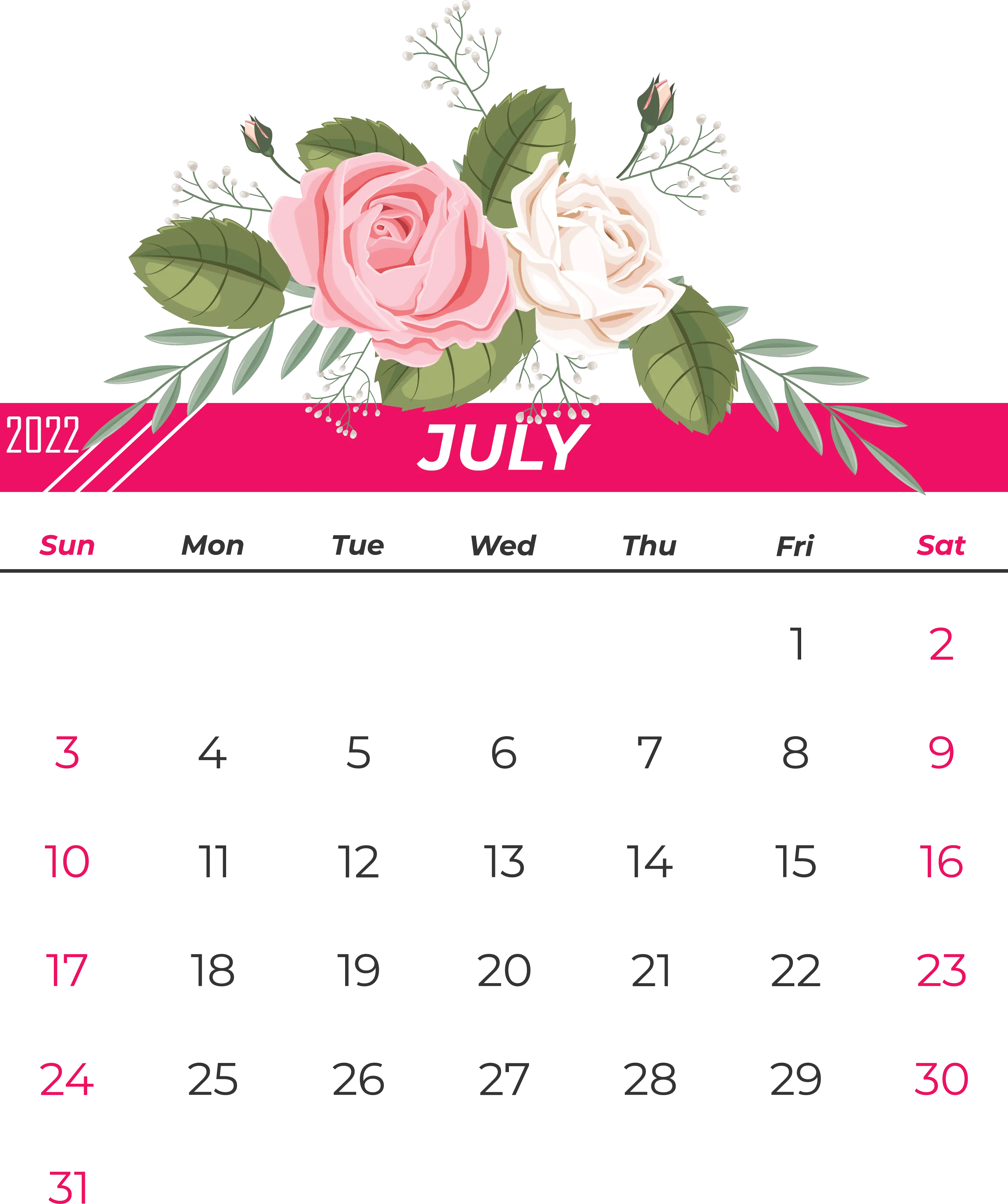 Rose Bouquet Themed Calendar Design for July 2022