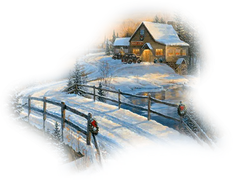 Snowy Winter Scene with House and Bridge