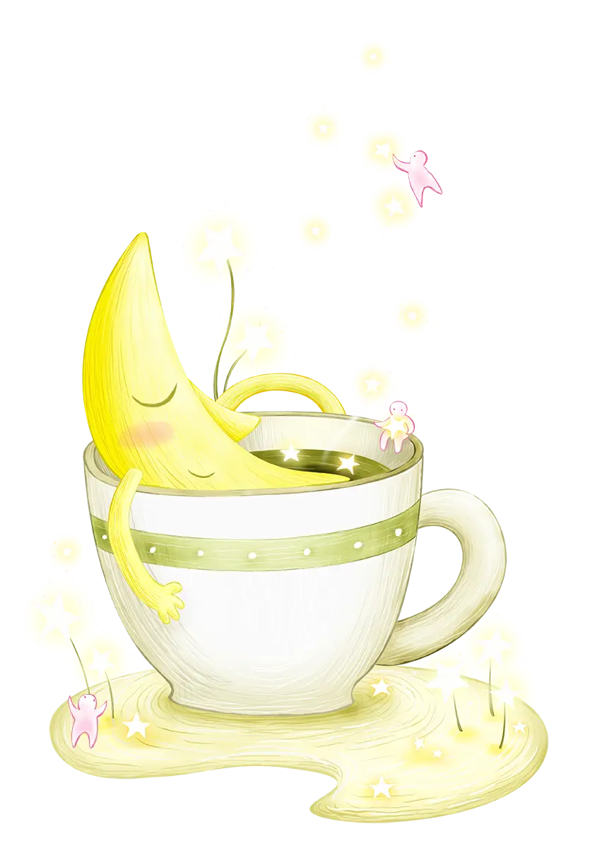 Cartoon Moon Relaxing in a Cup