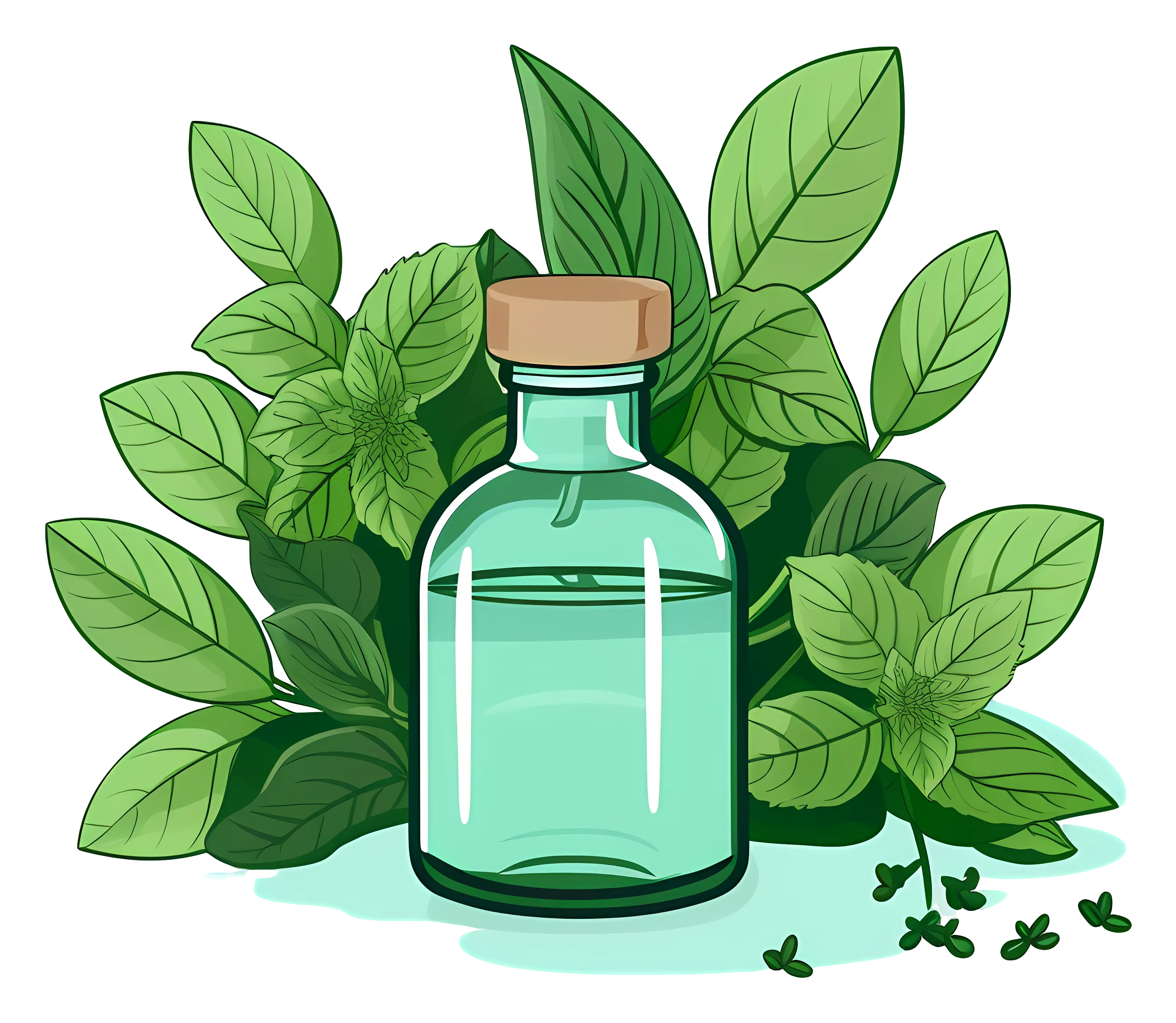 Herbs and Glass Bottle Illustration