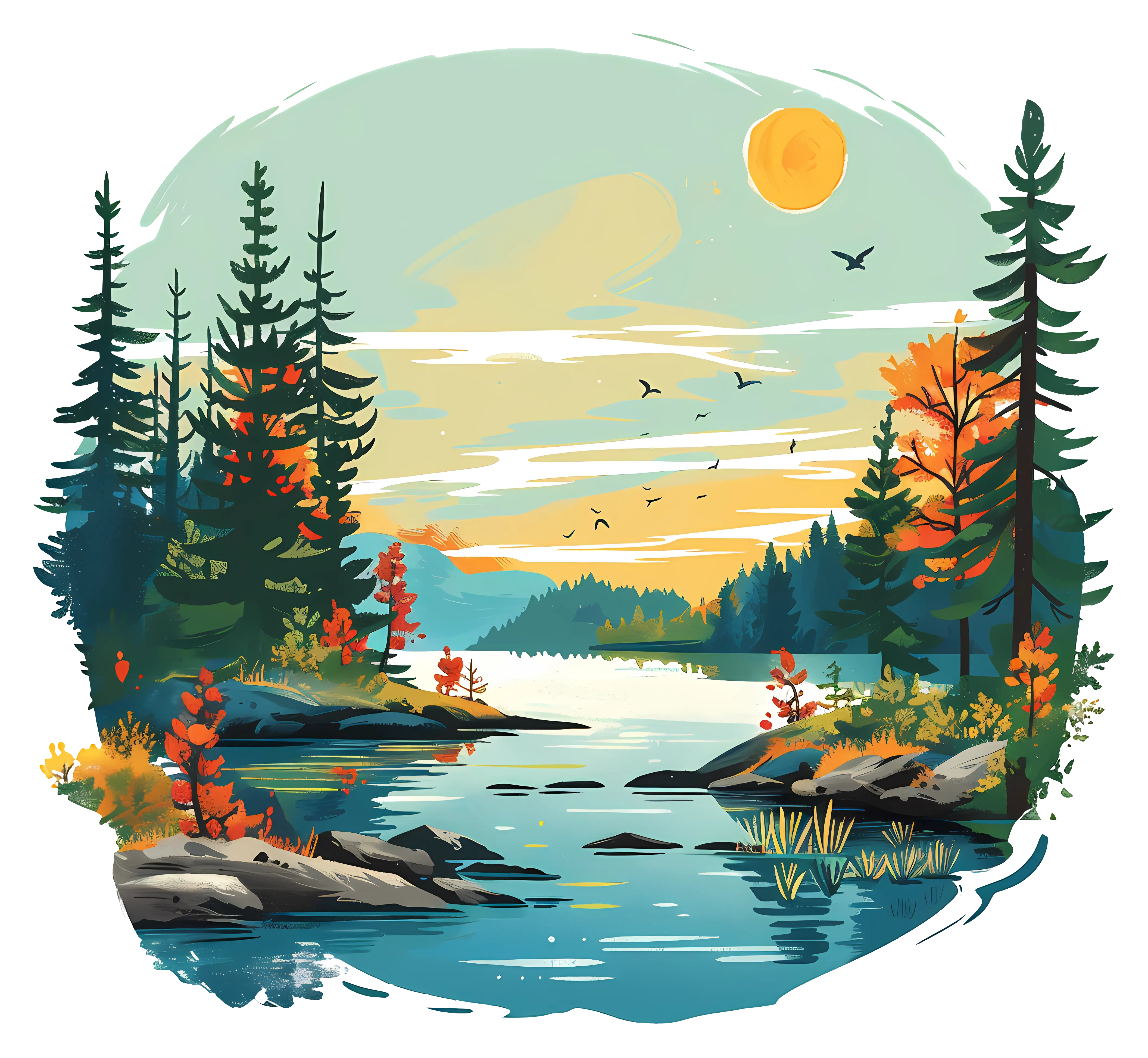 Beautiful Forest Lake Landscape at Sunset