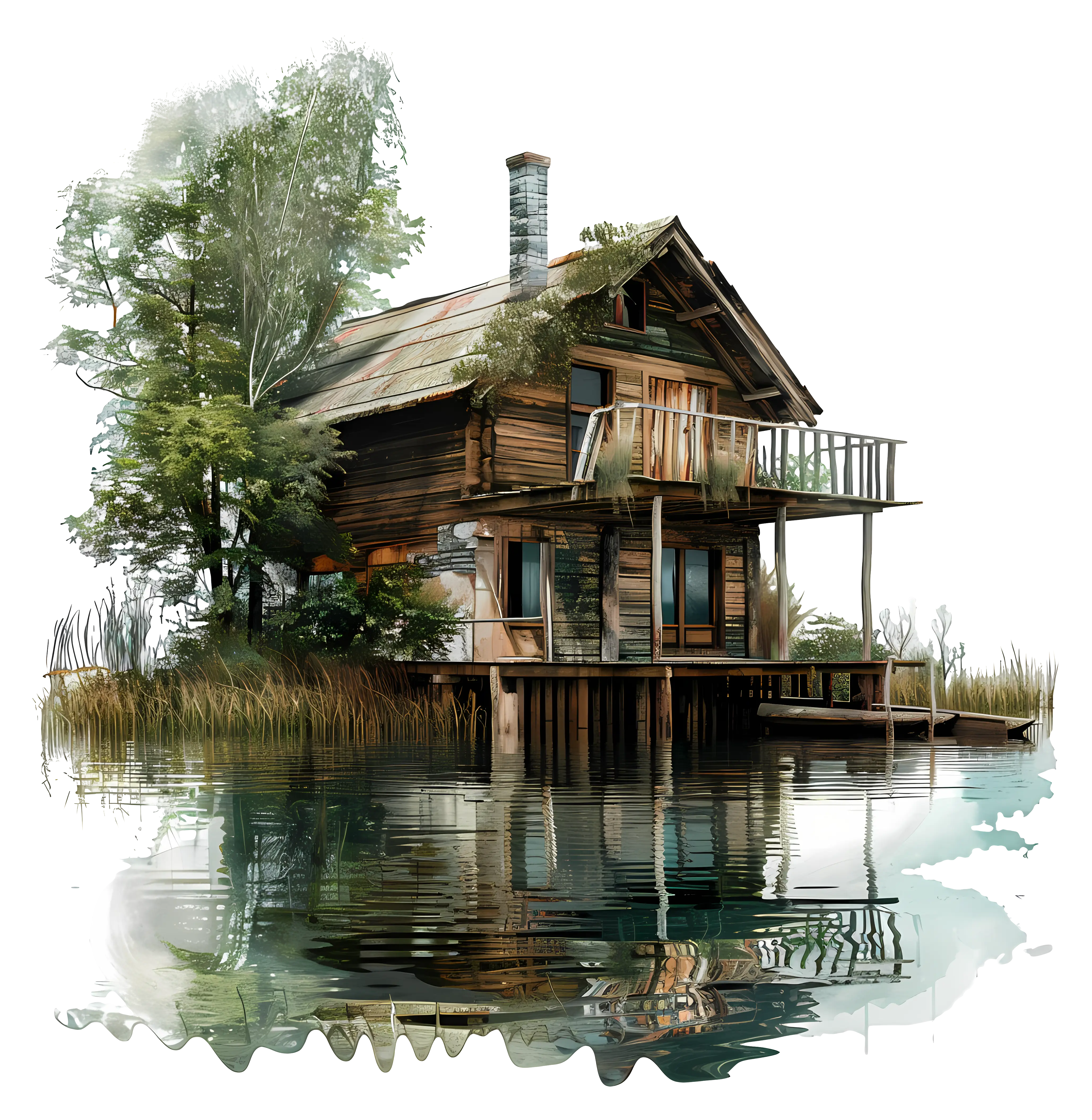 Wooden House by Serene Water Reflection
