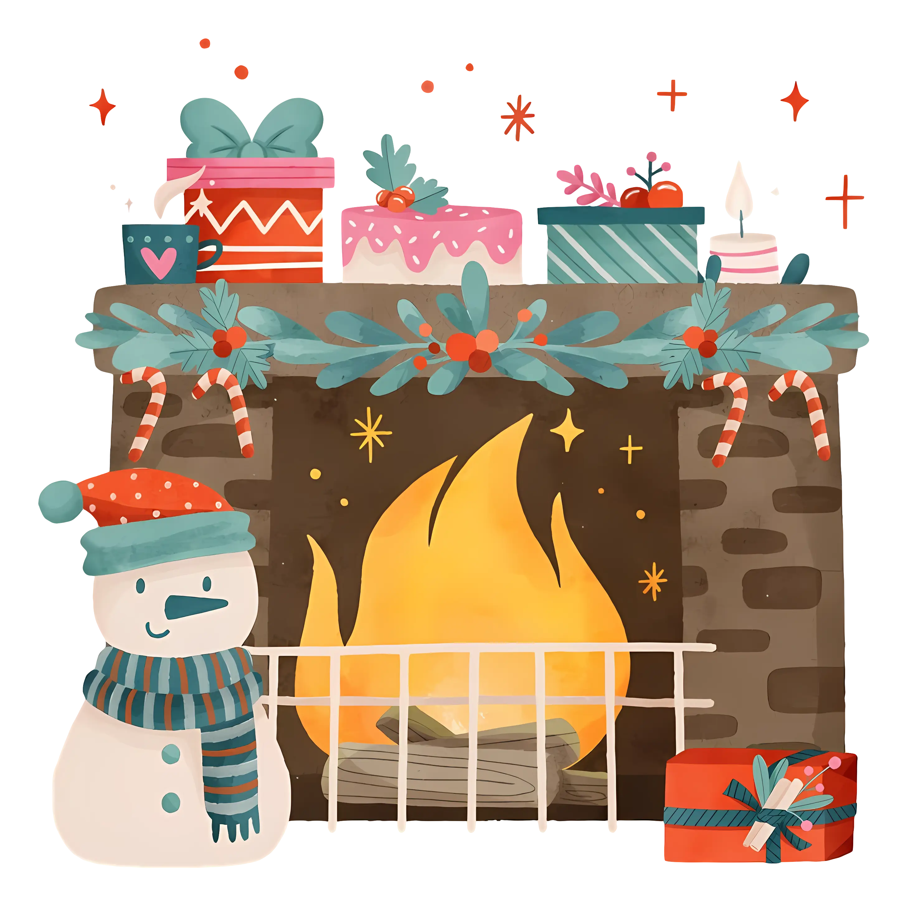 Fireplace with Snowman and Gifts