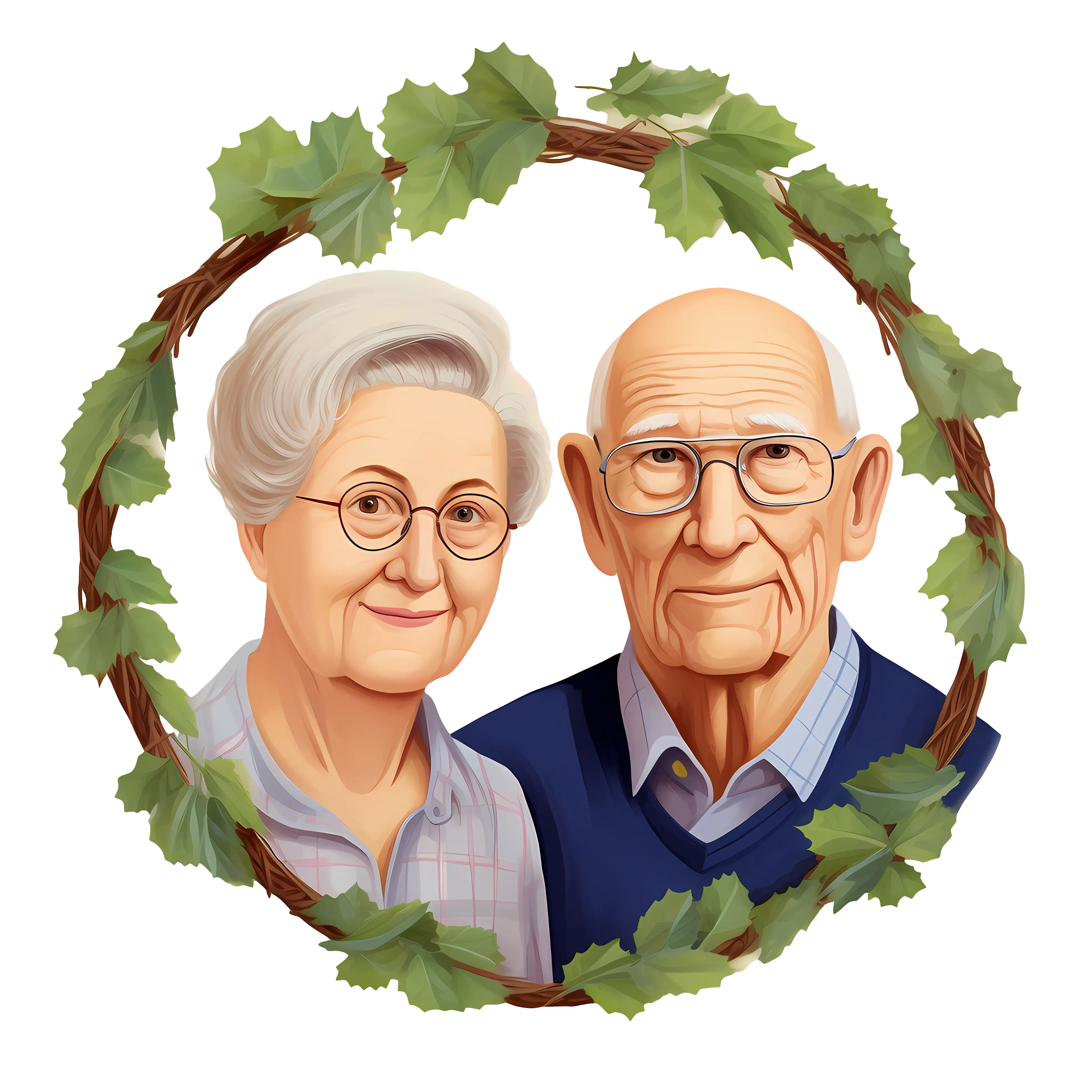 Portrait of Elderly Couple Framed in Vine Wreath