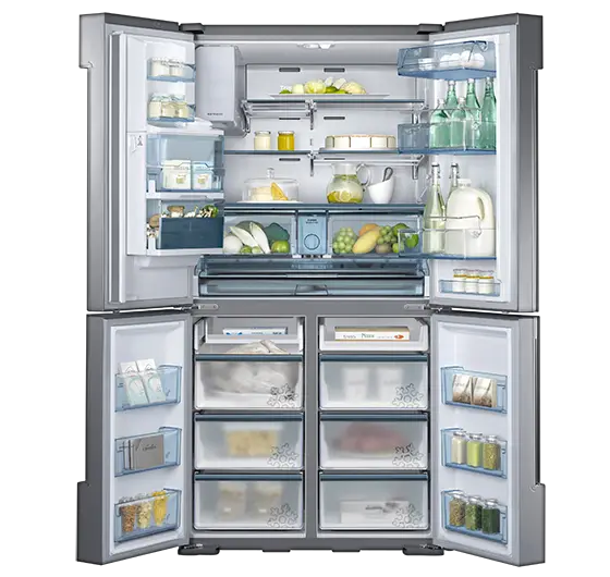 Modern Stainless Steel Refrigerator with Food Items