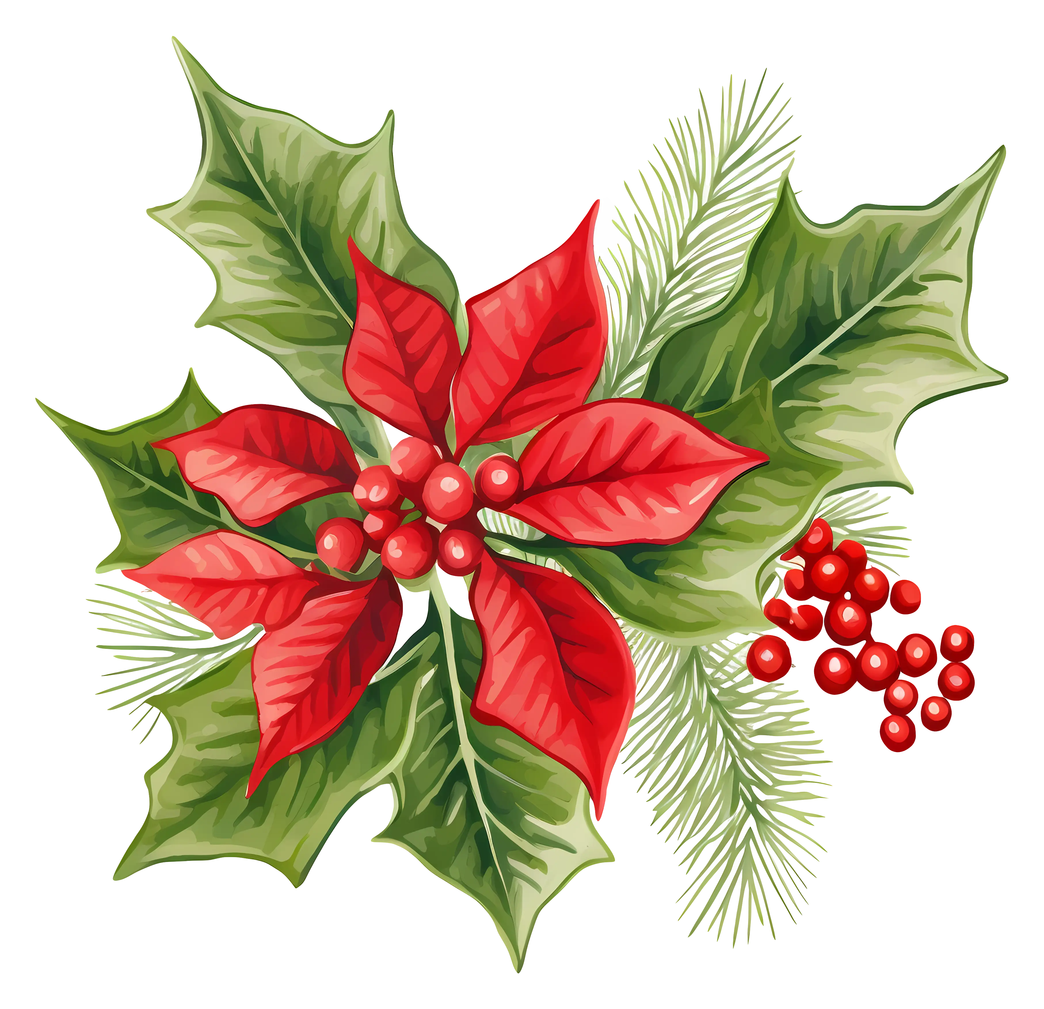 Festive Christmas Poinsettia and Holly Illustration