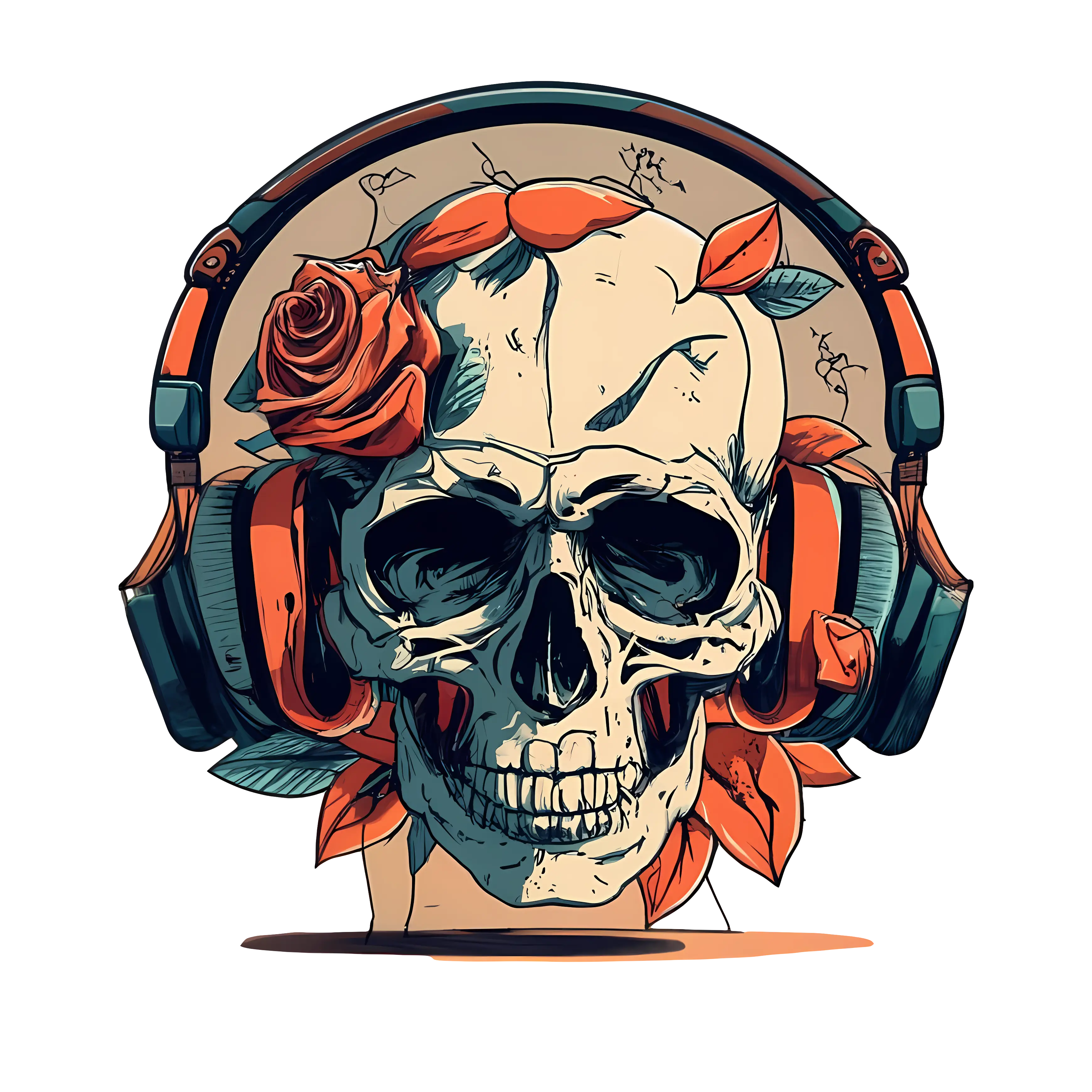 Skull with Headphones and Rose Illustration