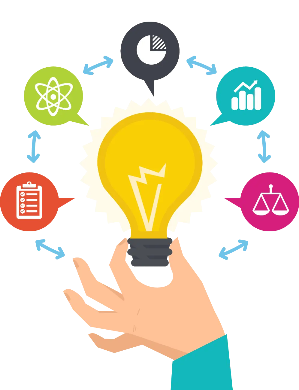 Illustration of Hand Holding Light Bulb with Icons for Creative Concepts
