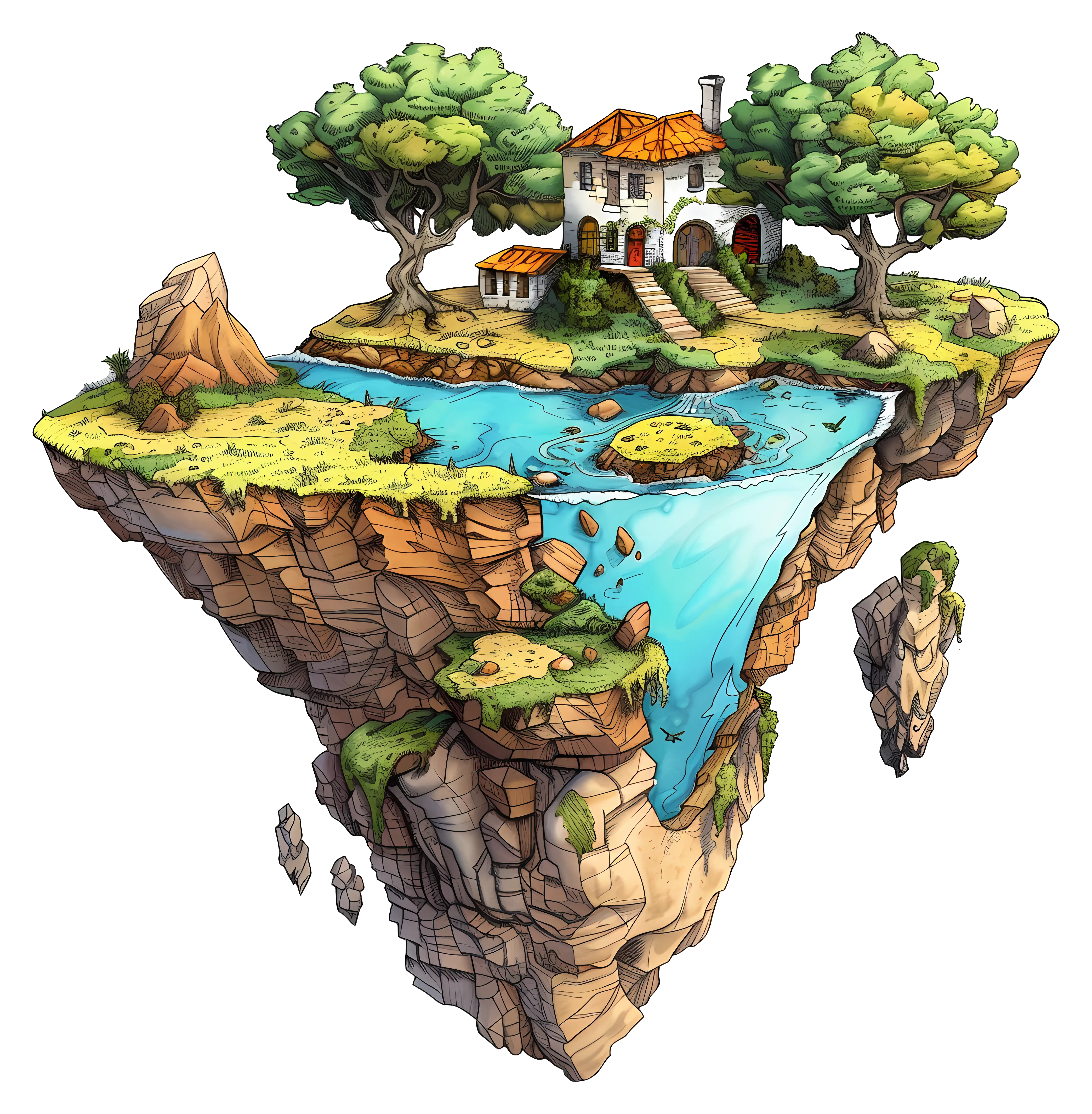 Floating Island with House and Trees