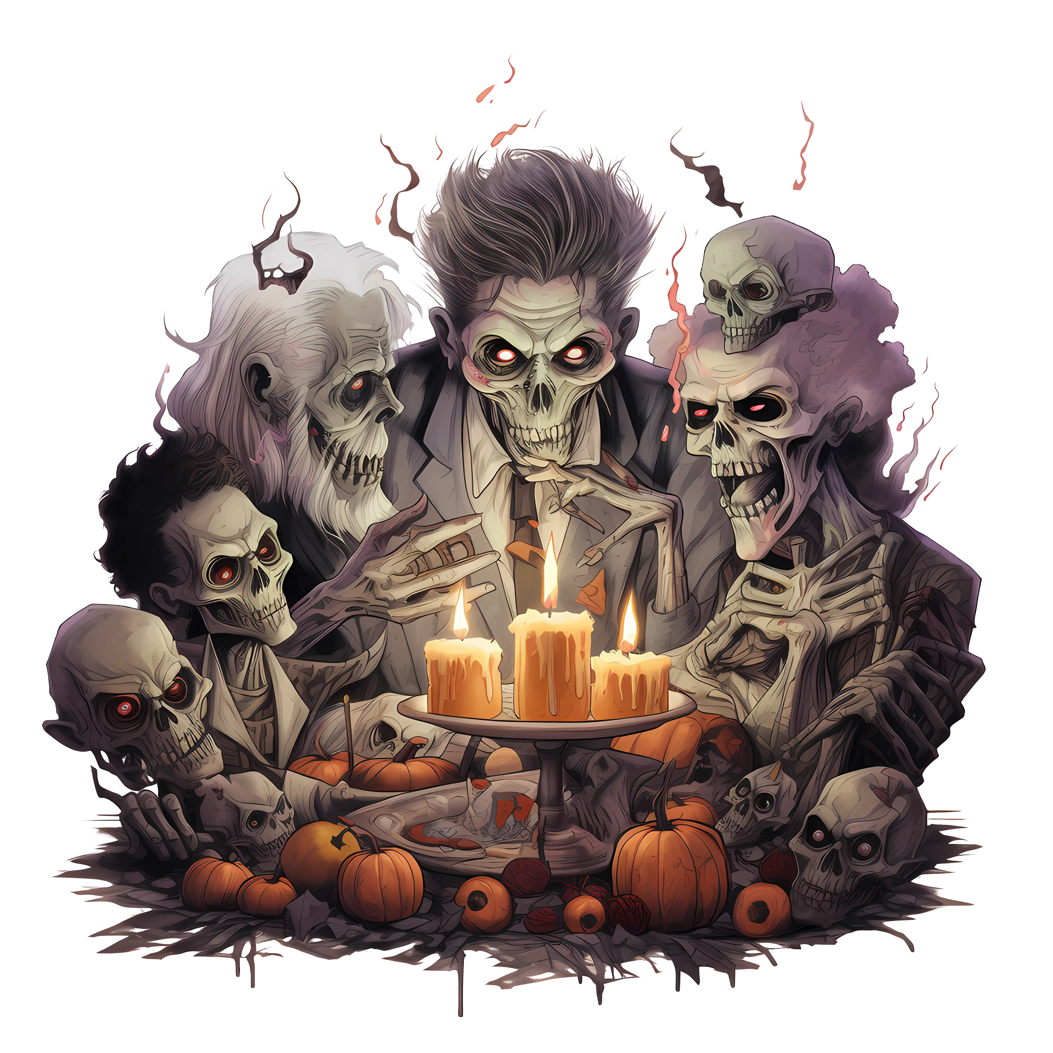 Skeletons with Candles and Pumpkins