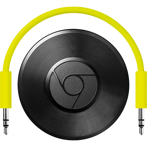 Black Circular Chromecast Device with Yellow Cable