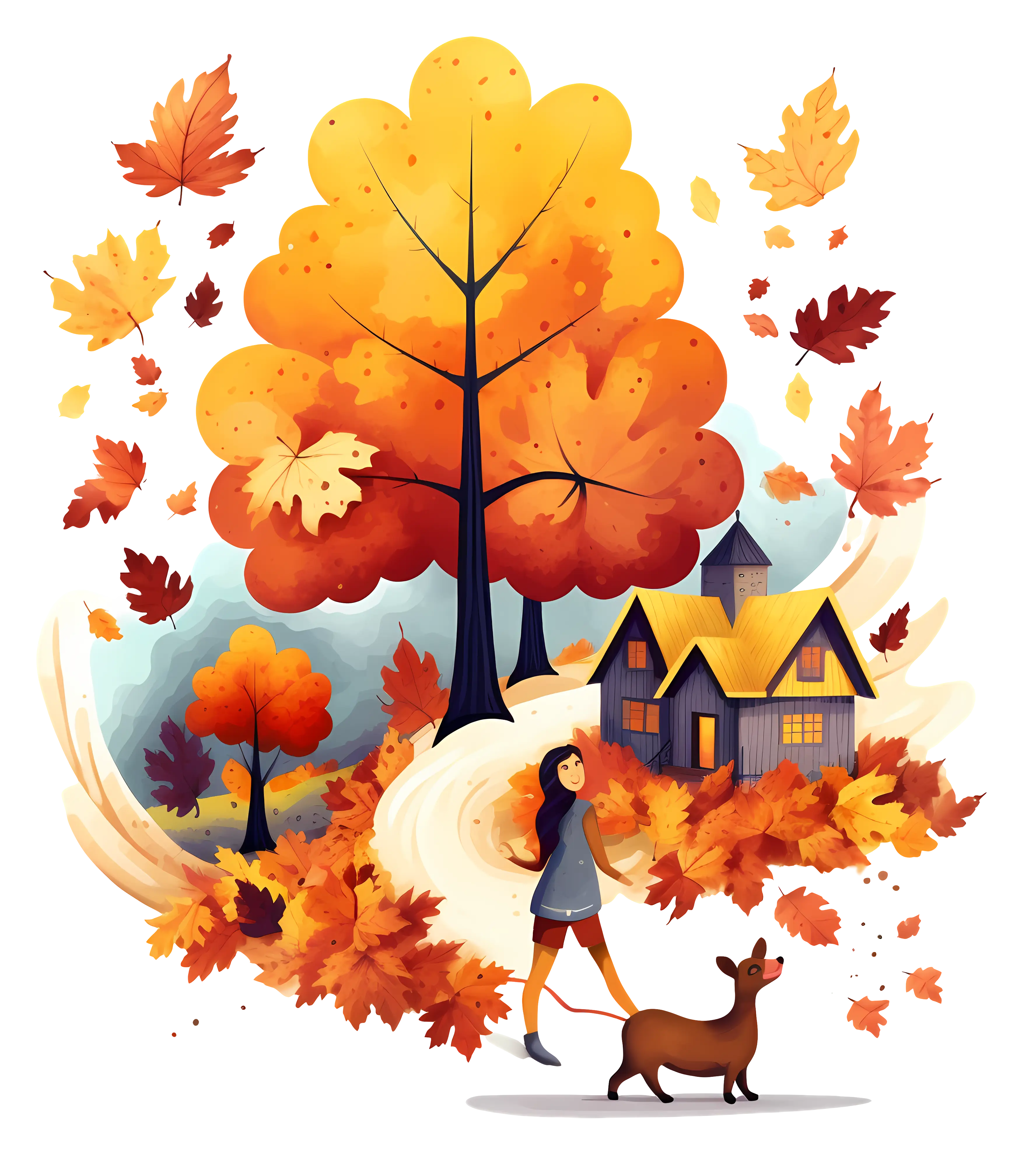 Autumn Scene with a Woman and Dog