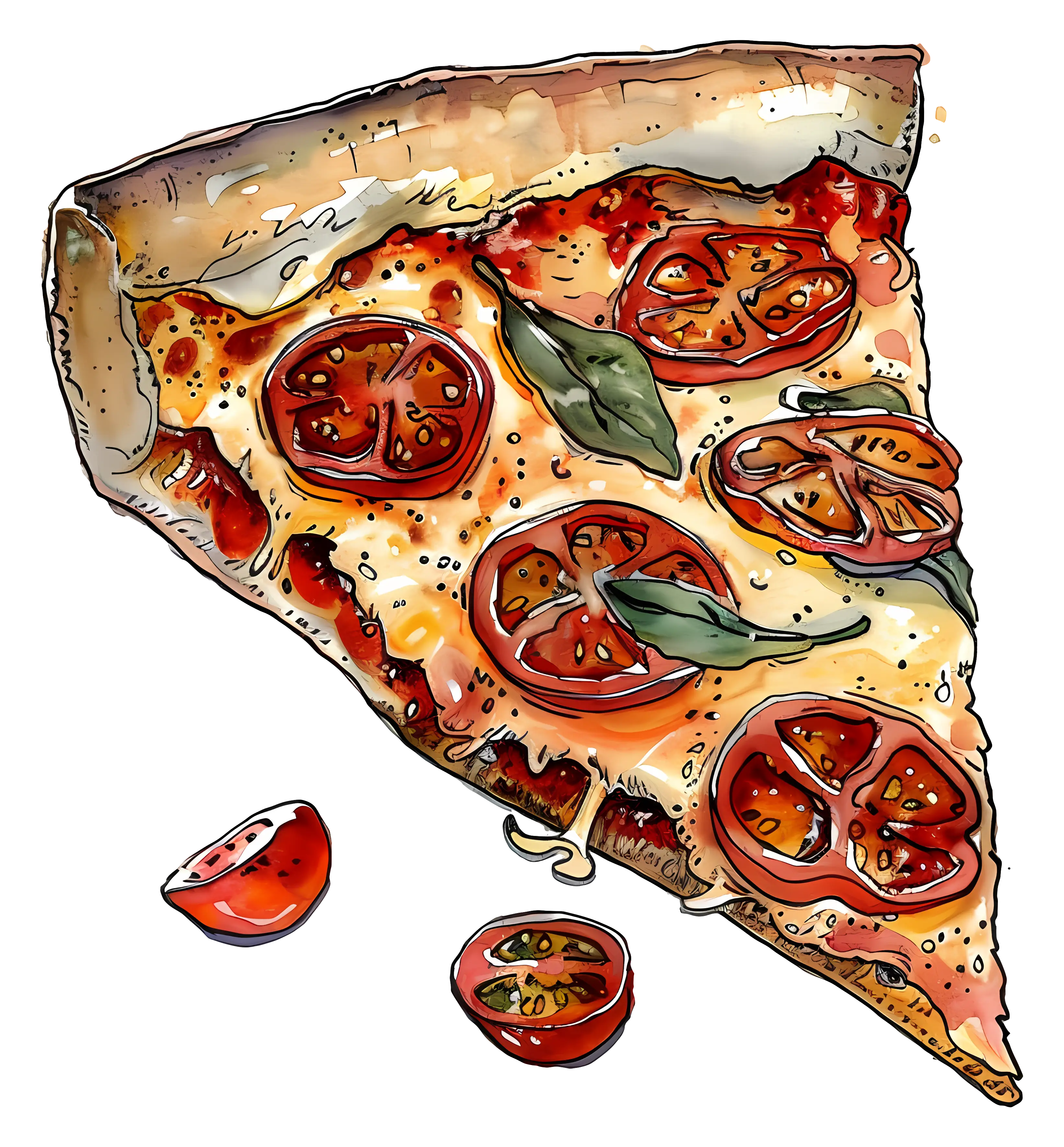 Illustrated Pizza Slice with Basil and Tomatoes