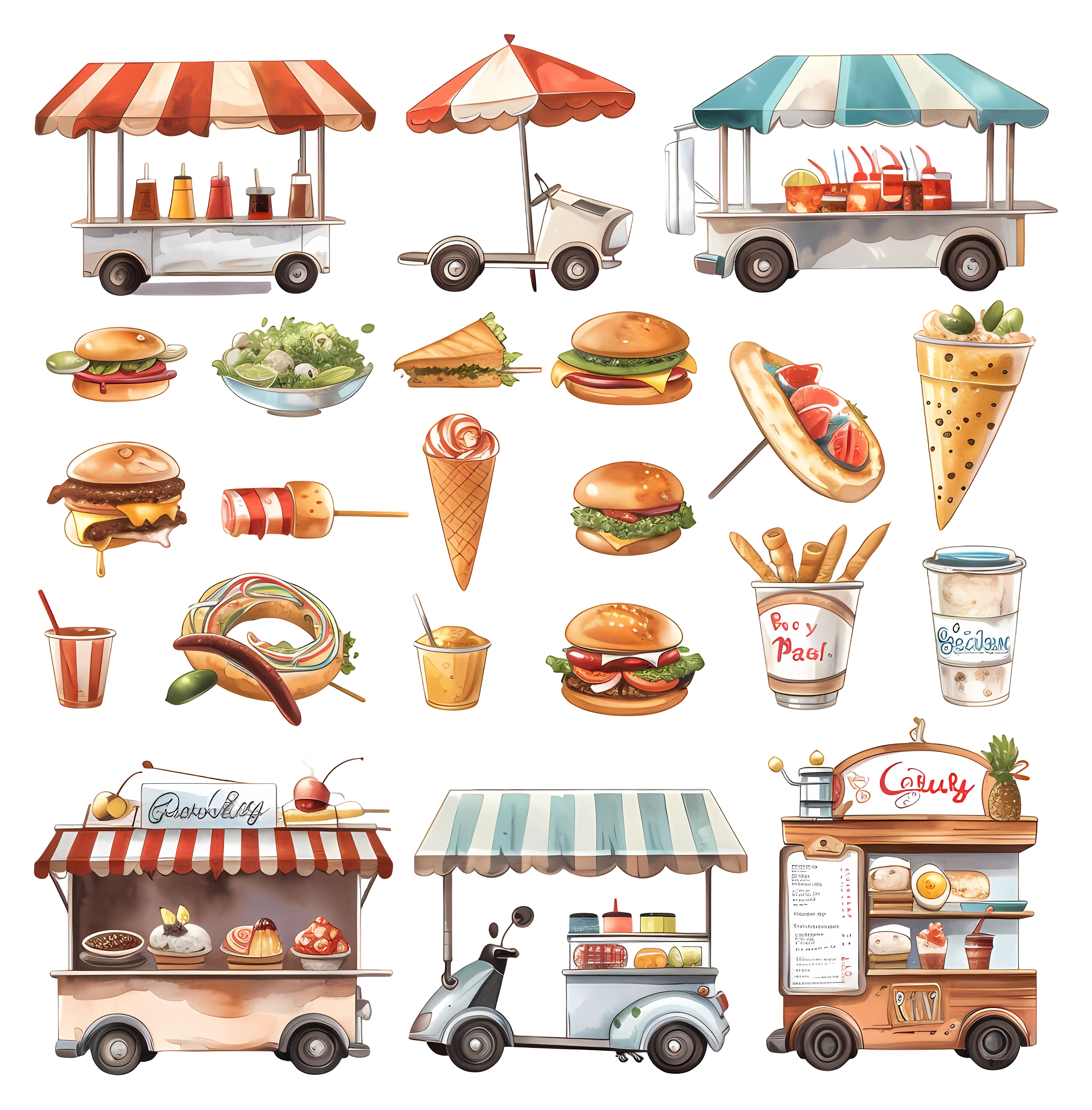 Colorful Food Trucks and Snacks Illustration