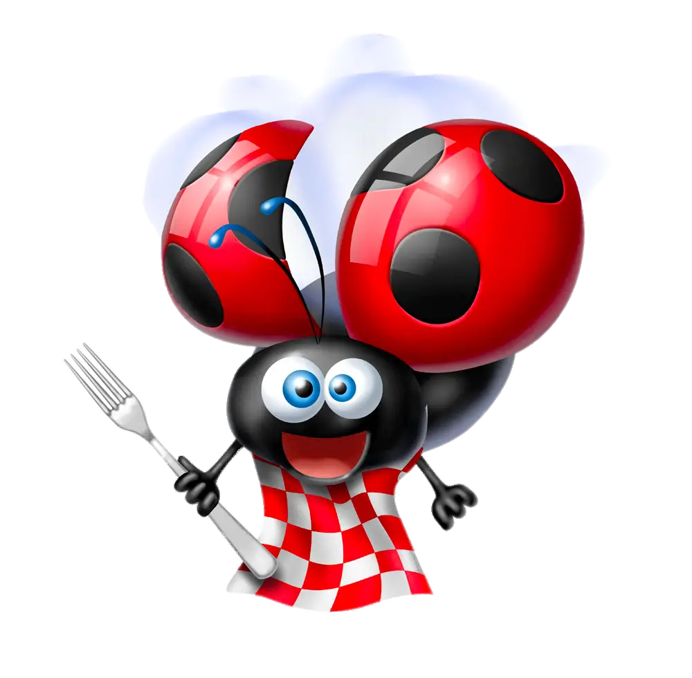 Cartoon Ladybug with Fork and Checkered Cloth