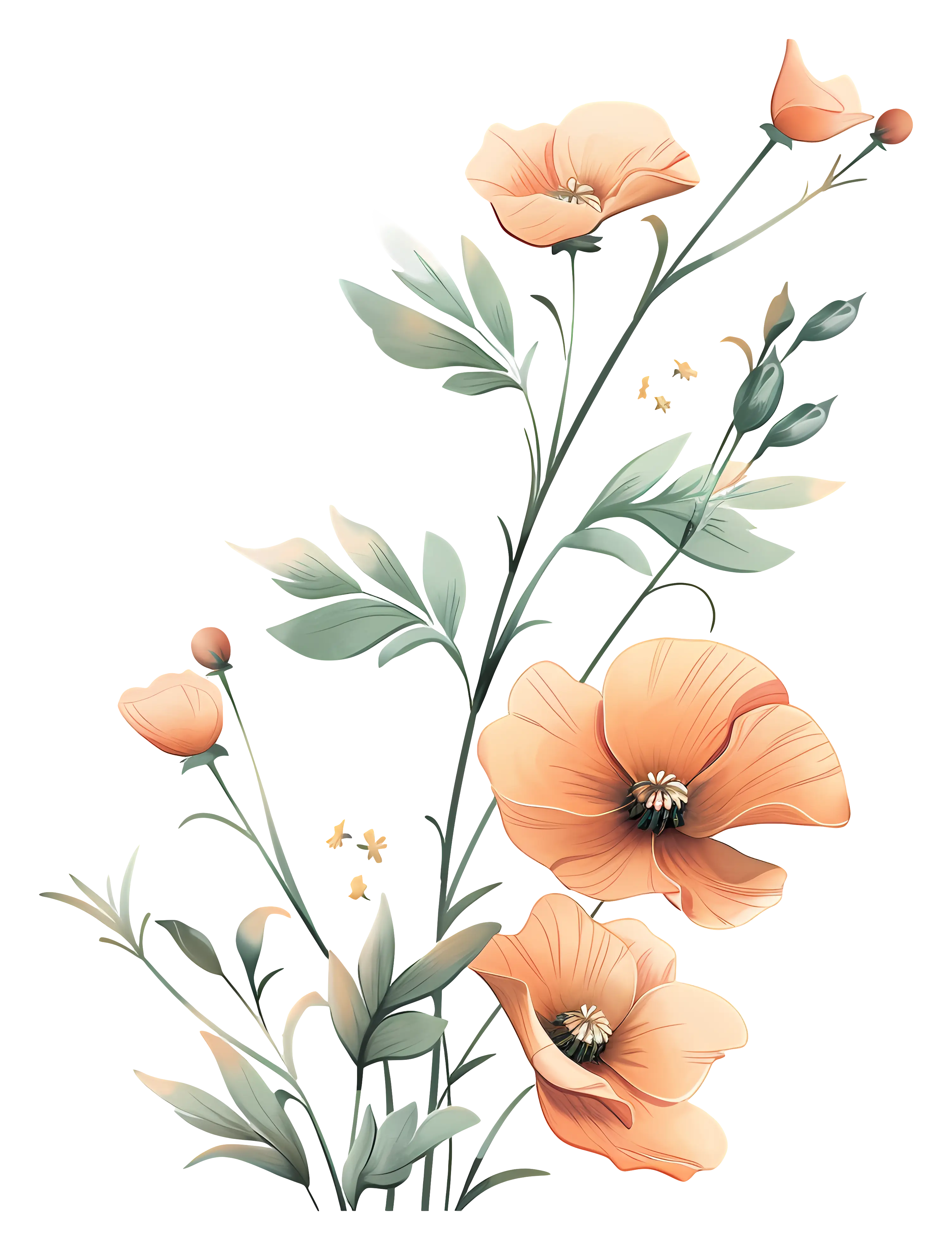 Orange Poppy Flowers Botanical Illustration