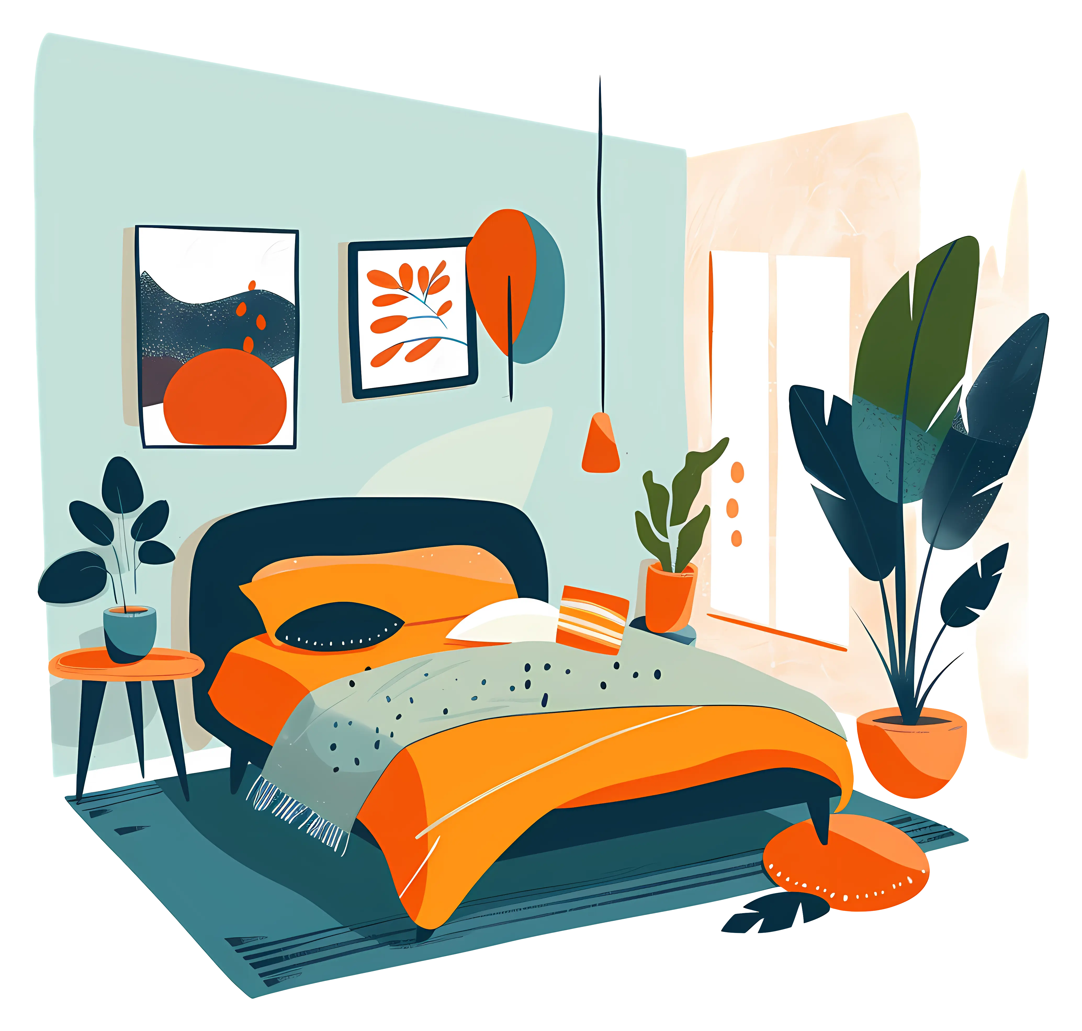 Modern Bedroom Decor Illustration with Plants