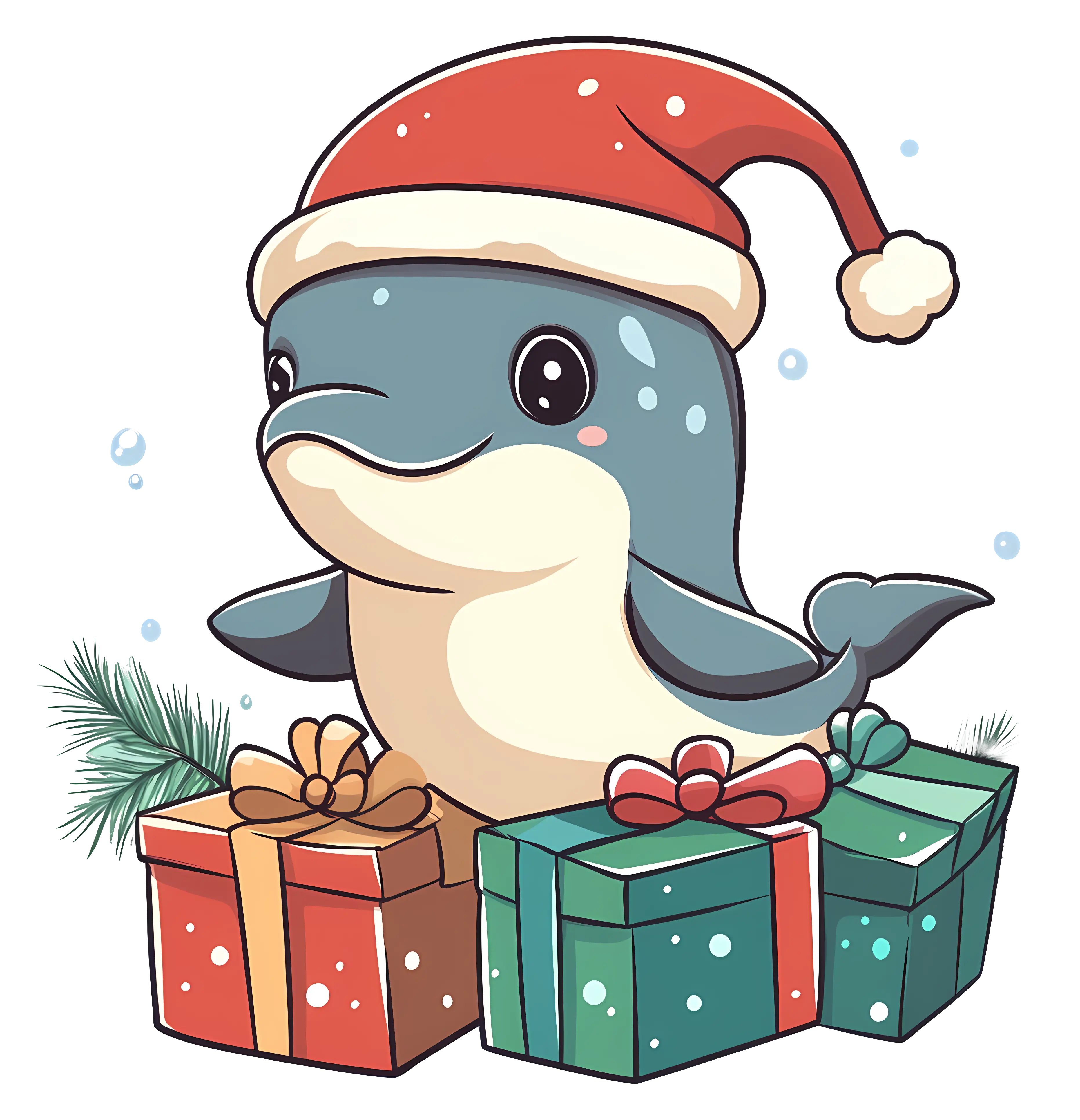 Cartoon Dolphin with Christmas Gifts