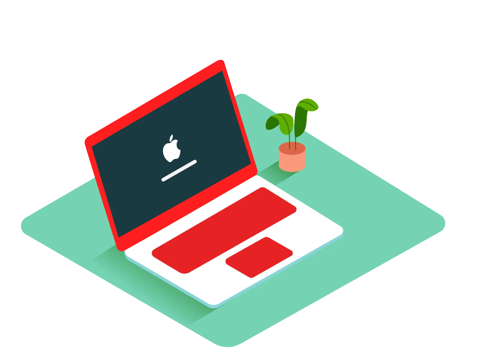 Red Laptop with Plant on Desk