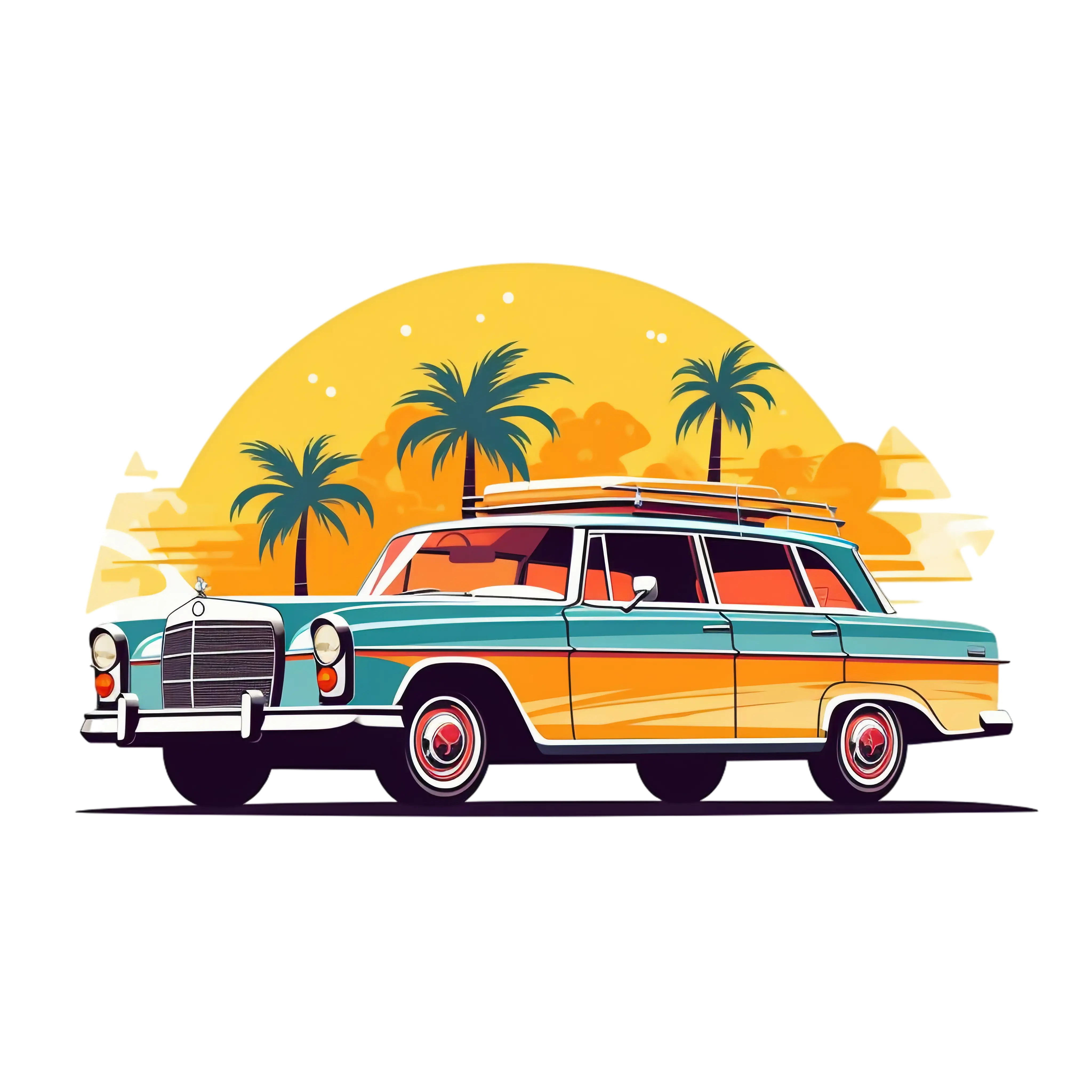 Retro car illustration with sunset backdrop