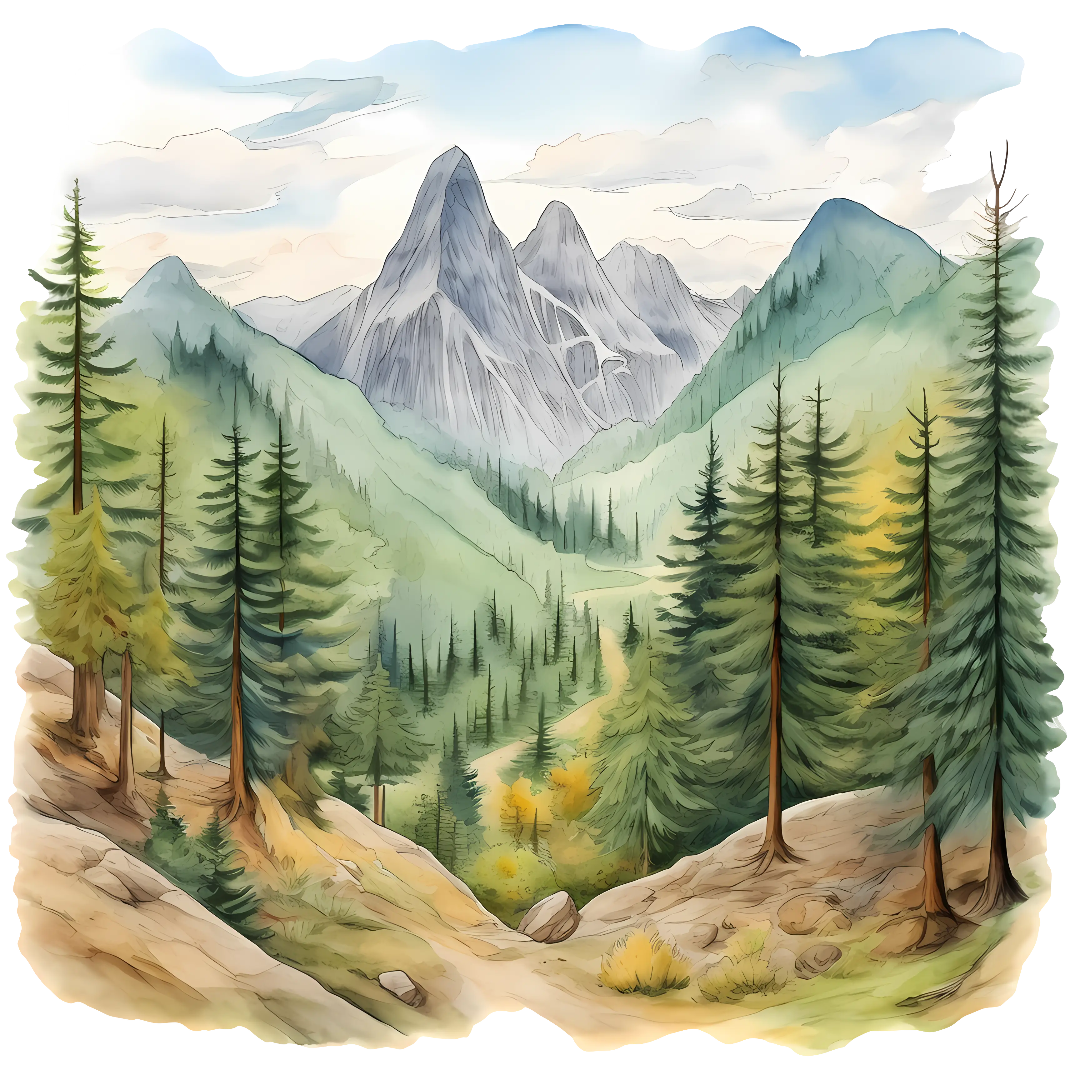 Mountain Landscape Illustration with Pine Trees