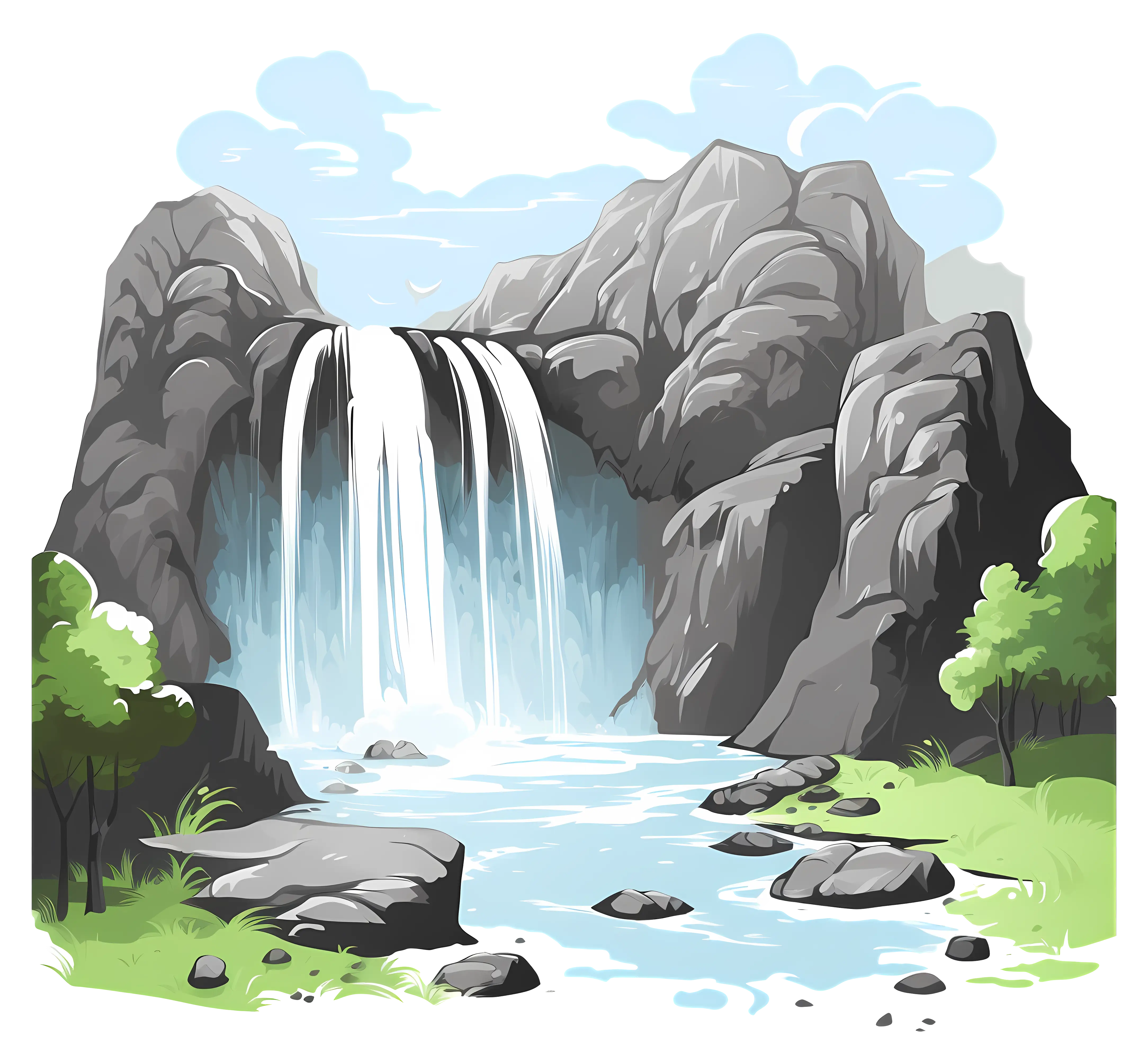 Waterfall in Scenic Landscape Illustration