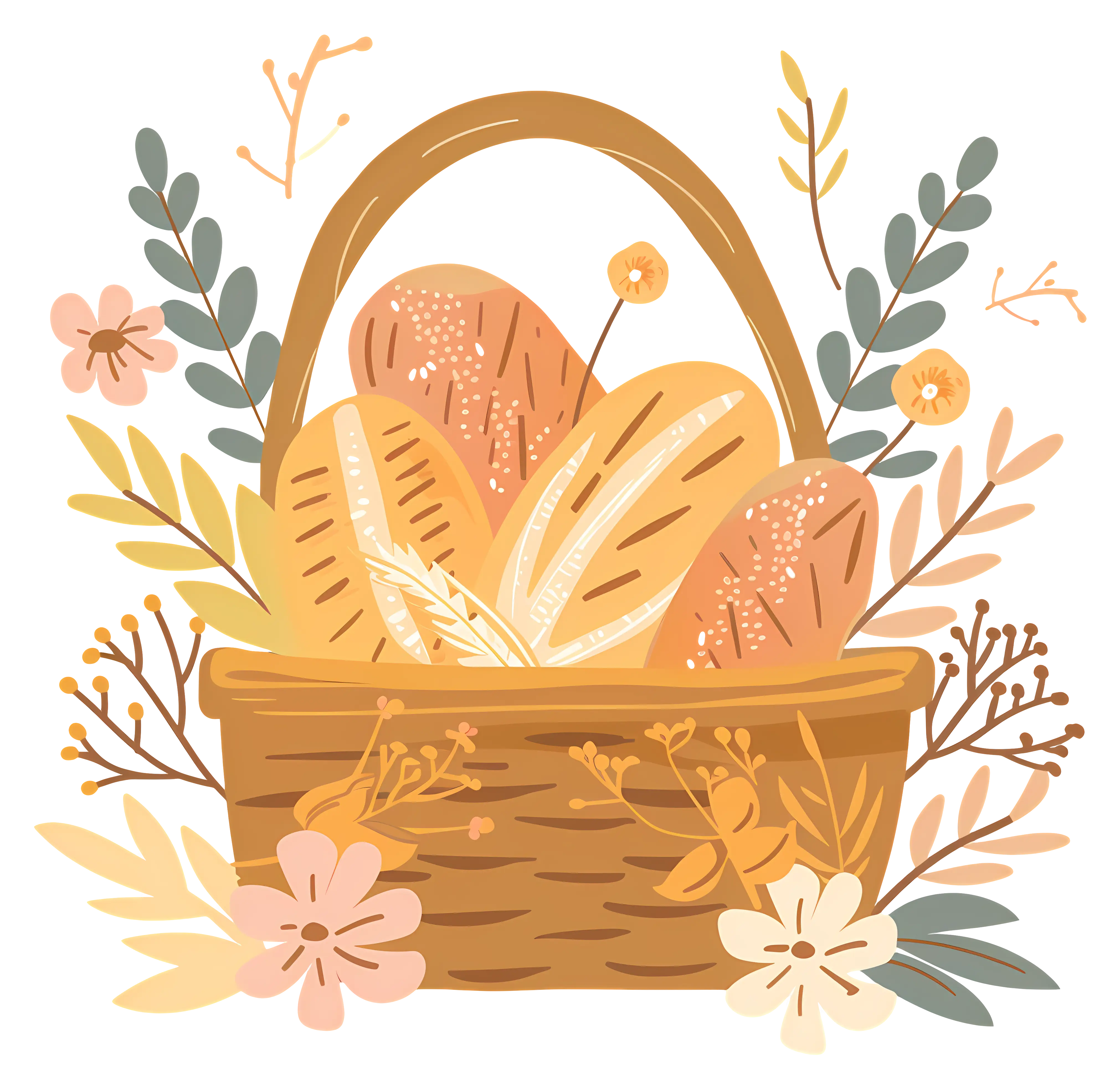 Rustic Bread Basket with Autumn Flowers Illustration