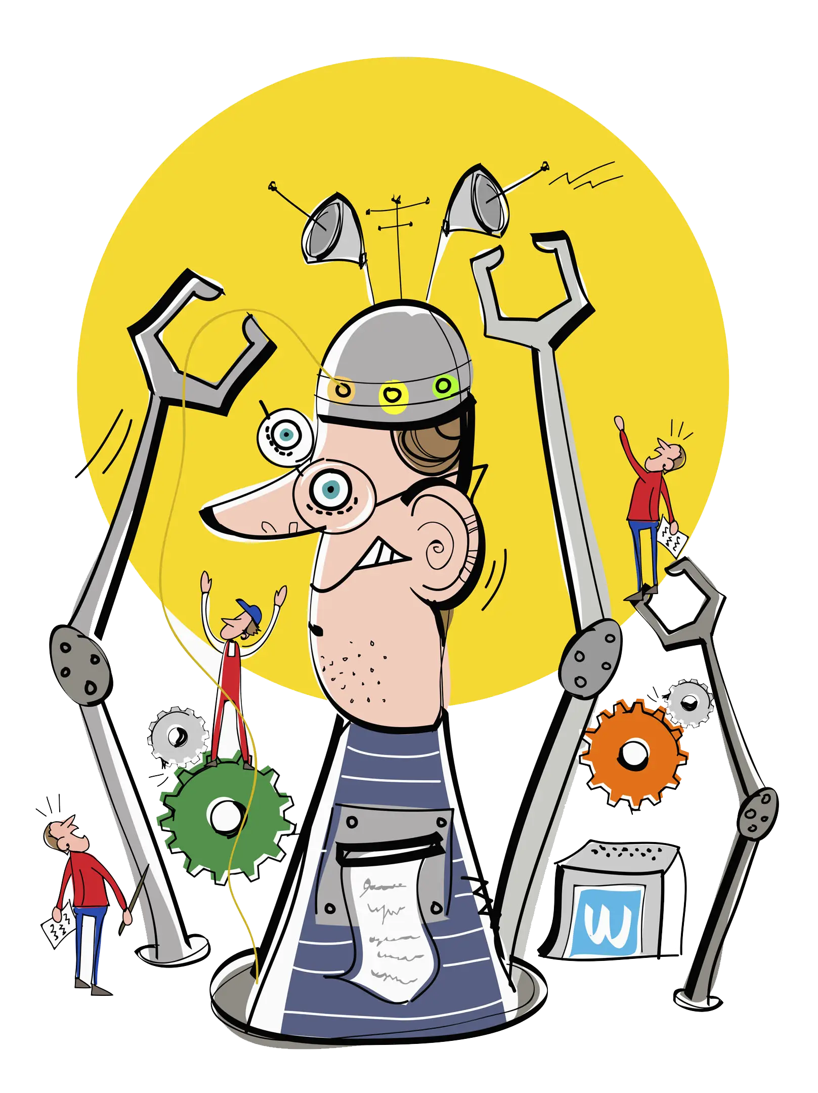 Cartoon Robot Engineer with Gears and Tools
