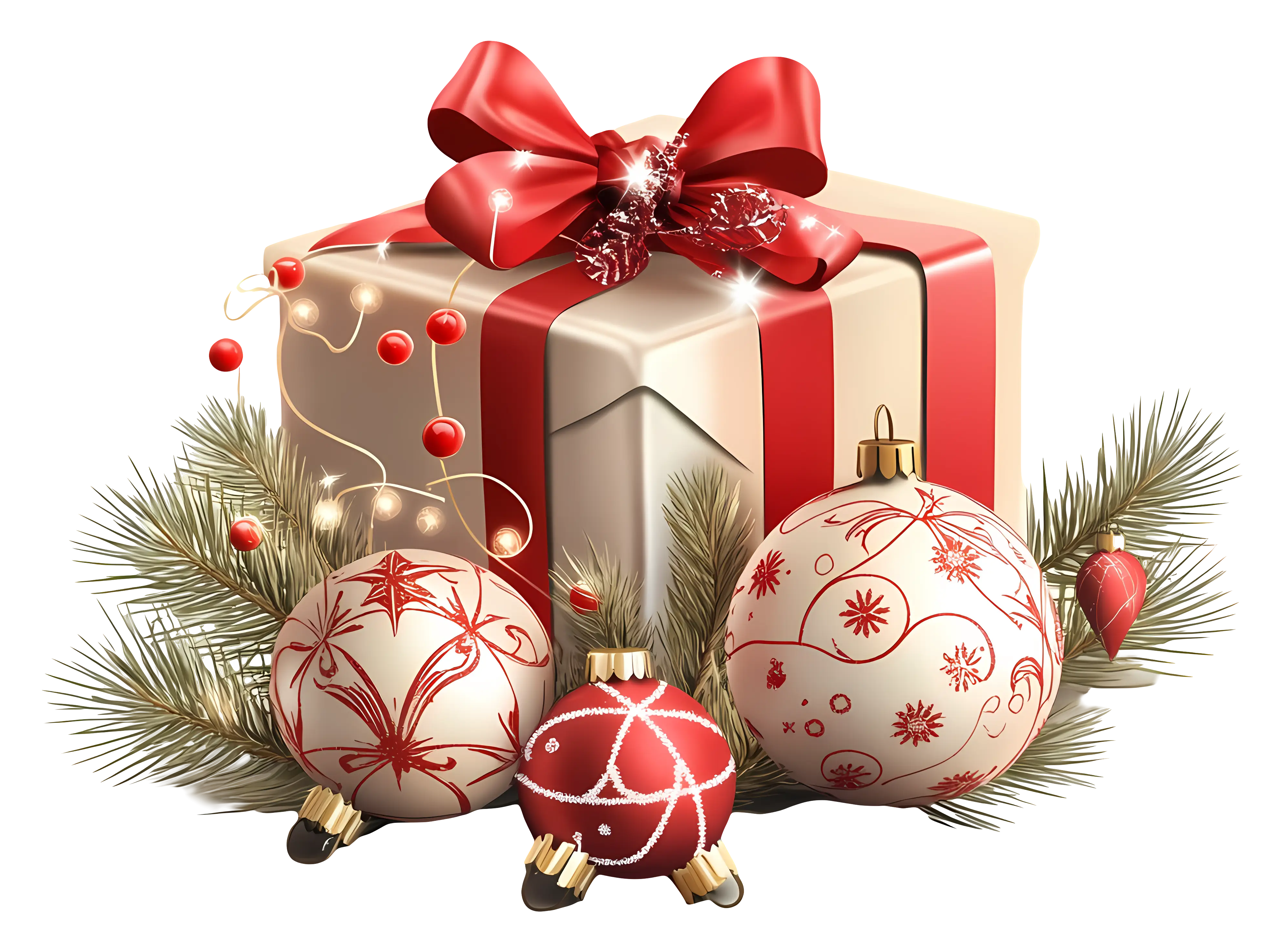 Christmas Gift with Ornaments and Red Bow