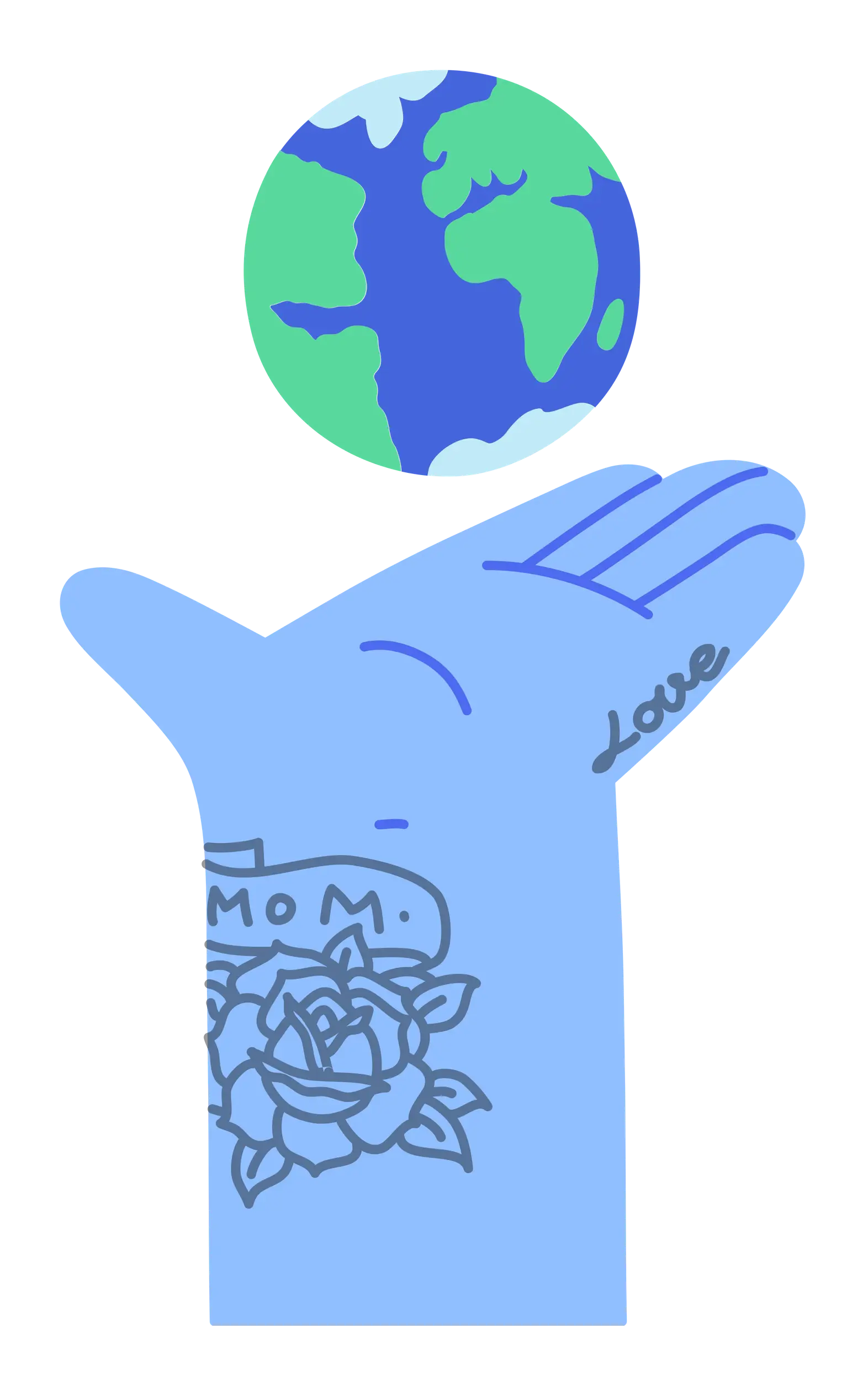 Blue Hand with Globe and Tattoos