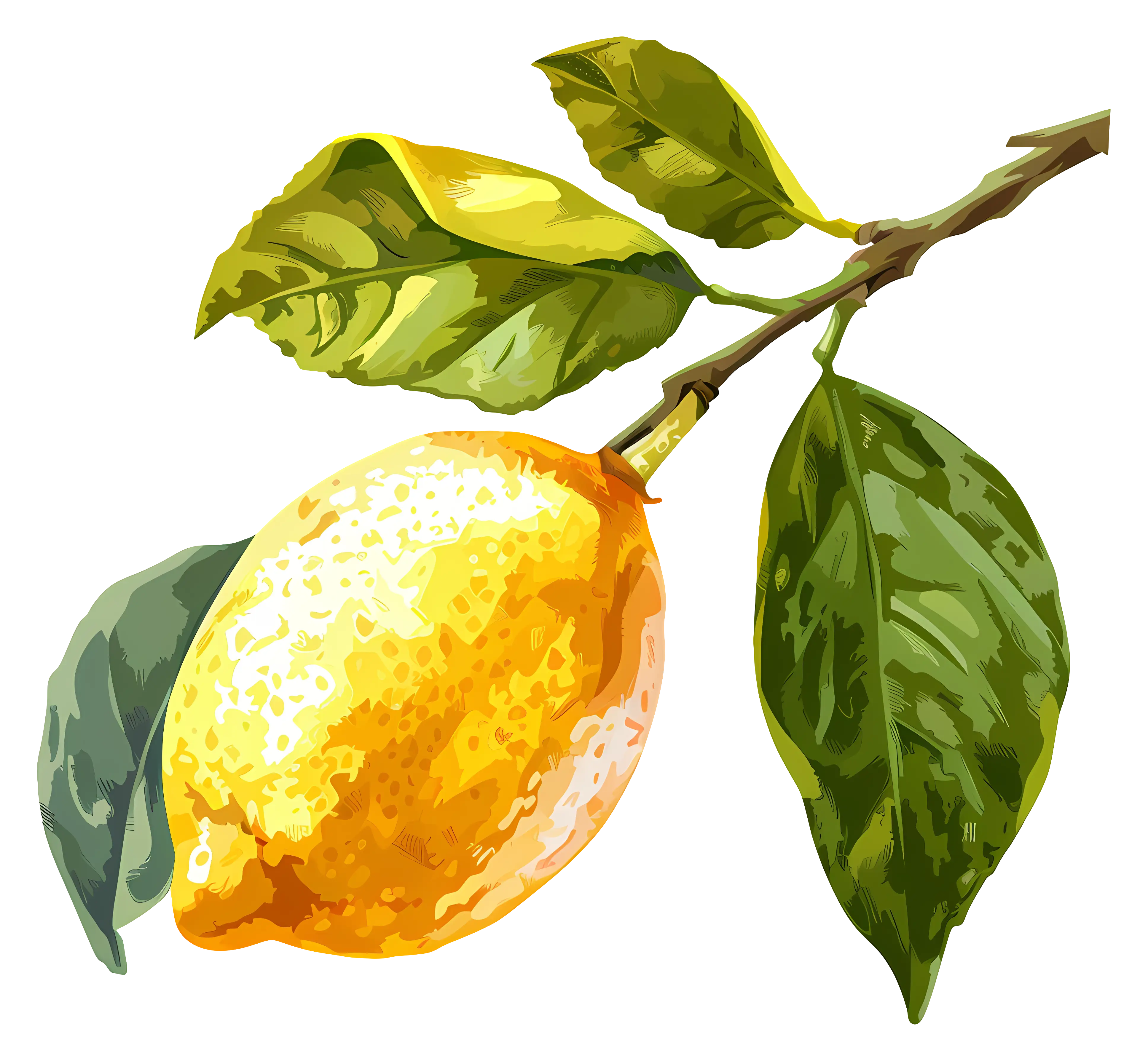 Yellow Lemon with Green Leaves Illustration