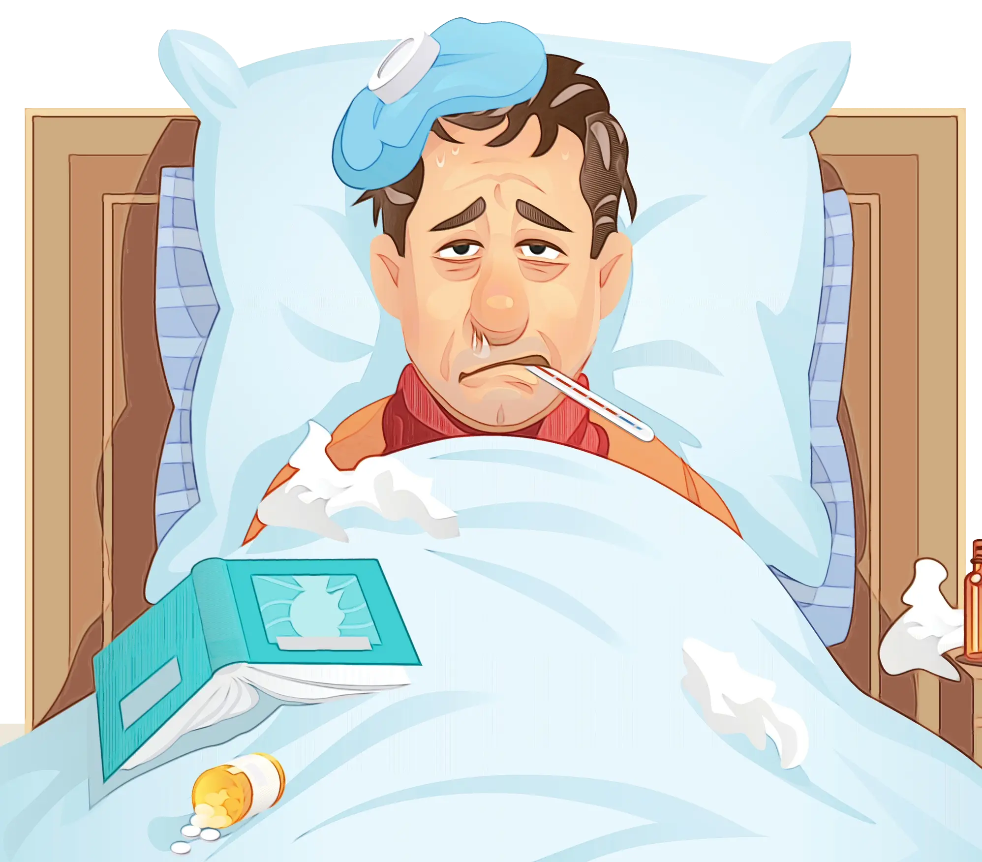 Sick Man in Bed with Thermometer