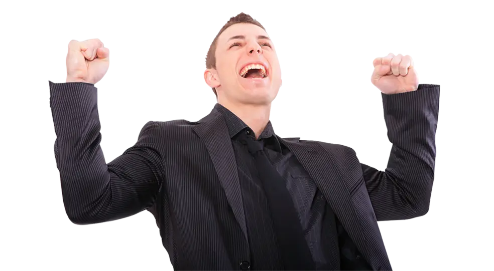 Happy Man Cheering in a Black Suit