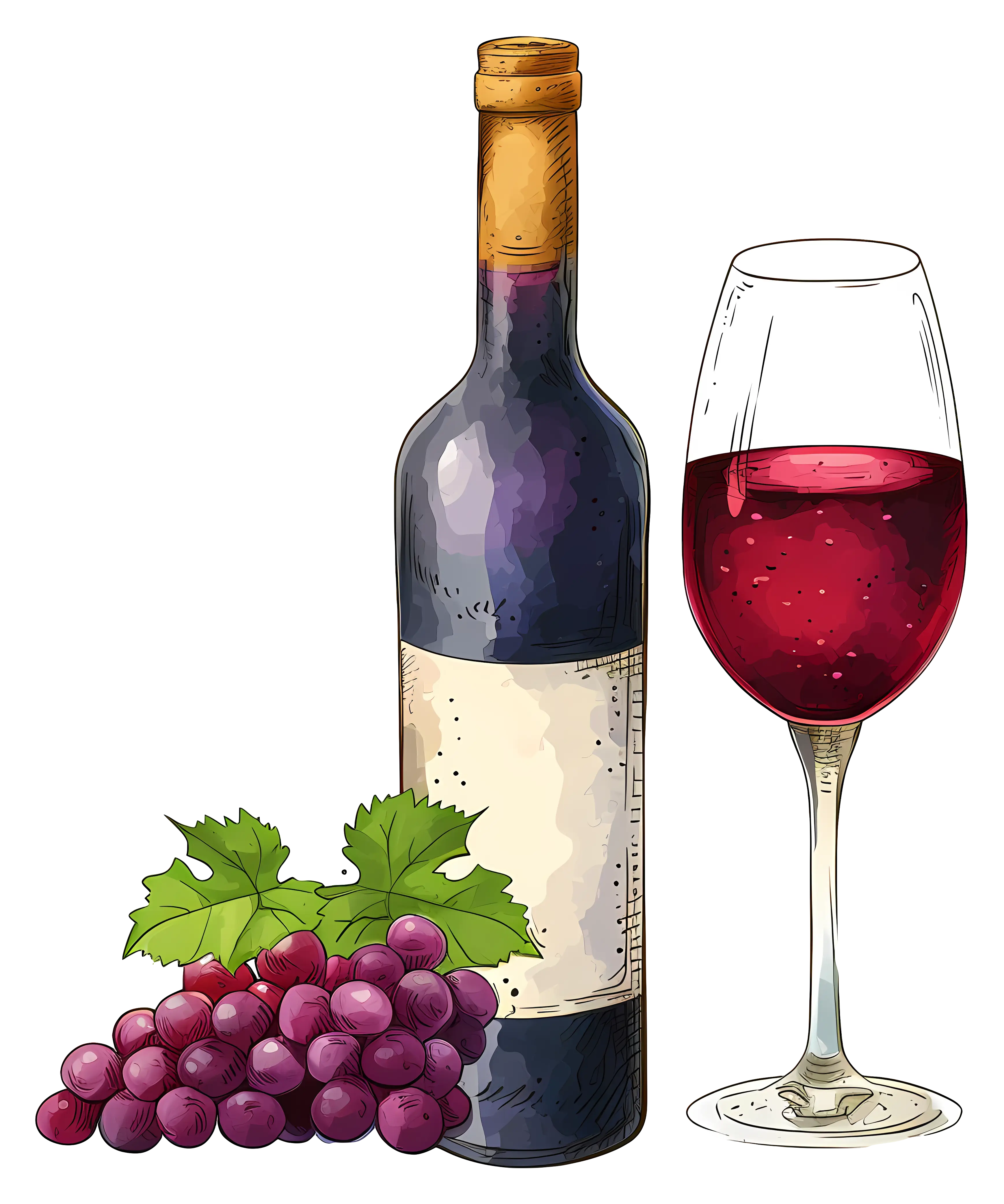 Wine Bottle, Glass, and Grapes Illustration
