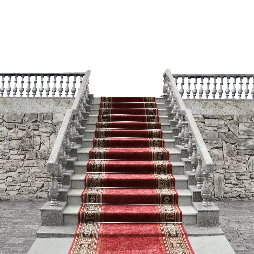 Red Carpet Stairs with Stone Walls