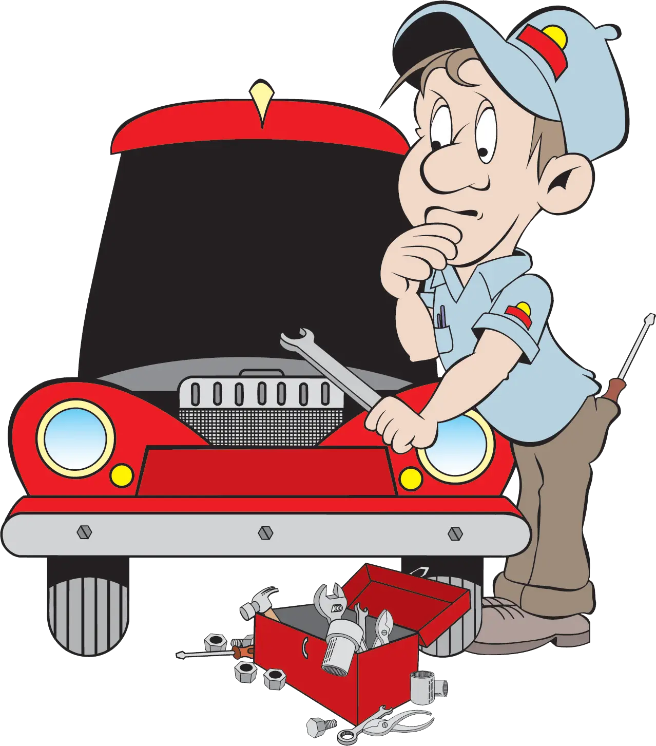 Cartoon Mechanic Repairing Red Car
