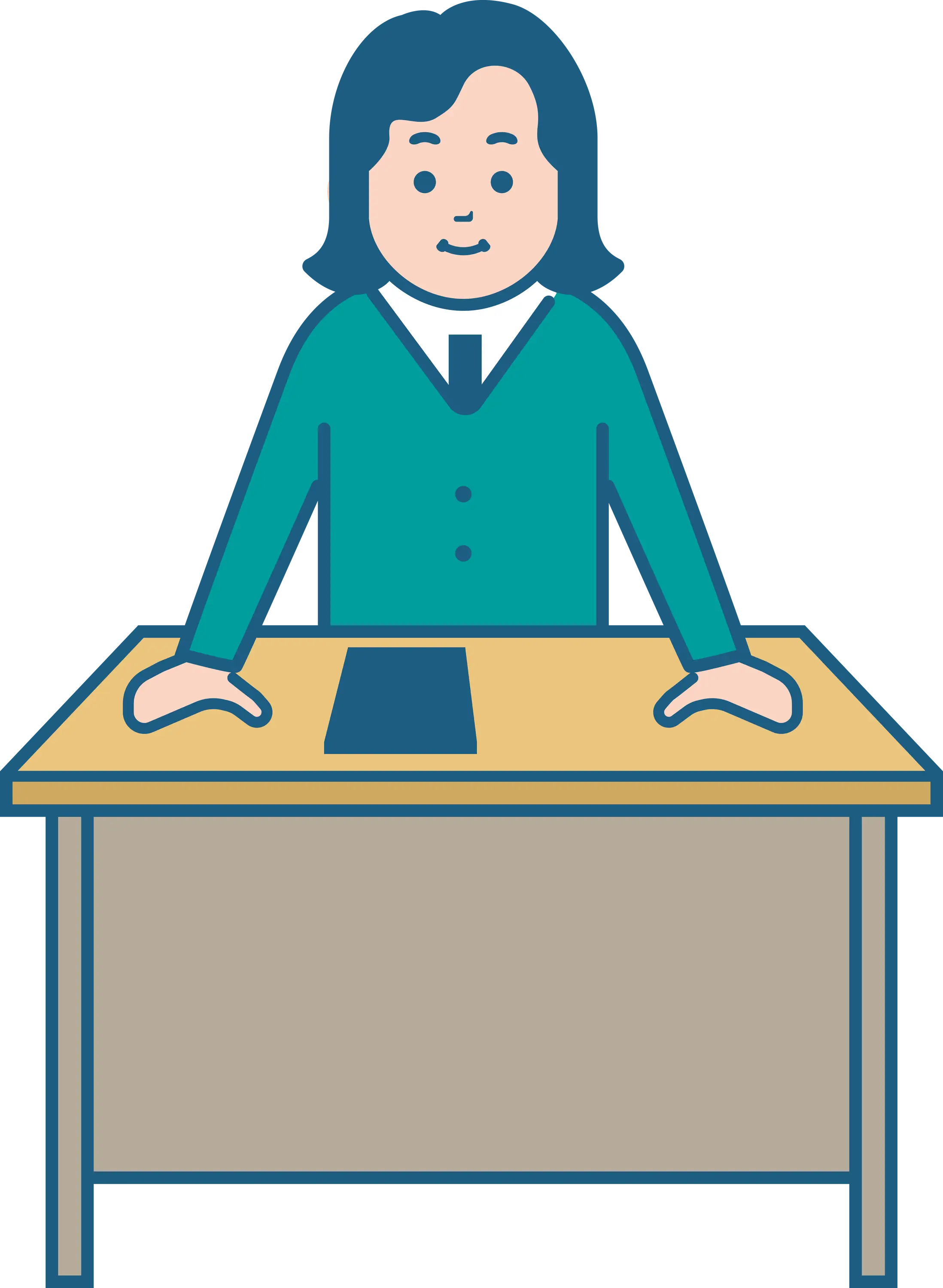 Woman Standing Behind Desk in Teal Outfit
