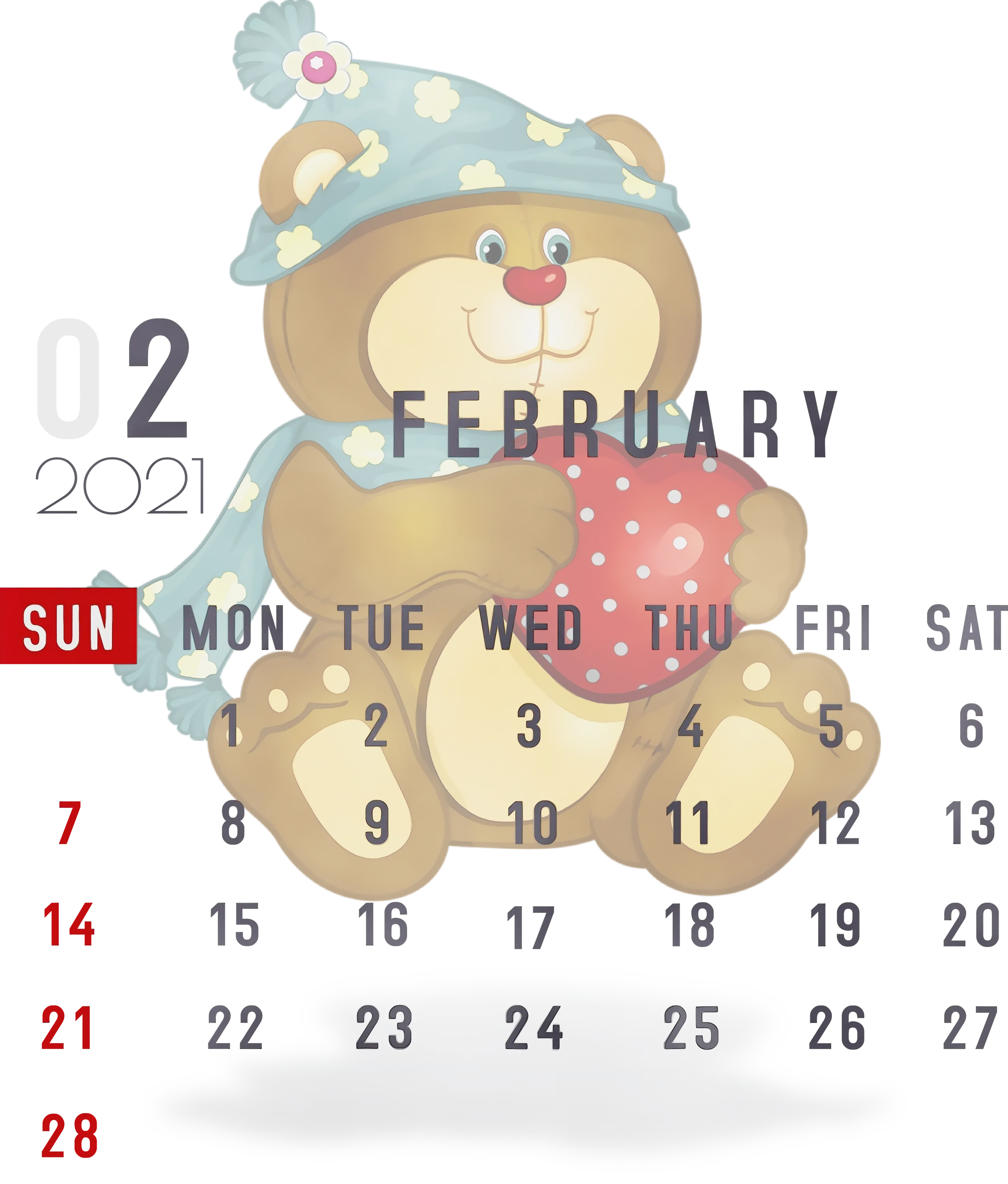 February Calendar with Bear and Winter Hat