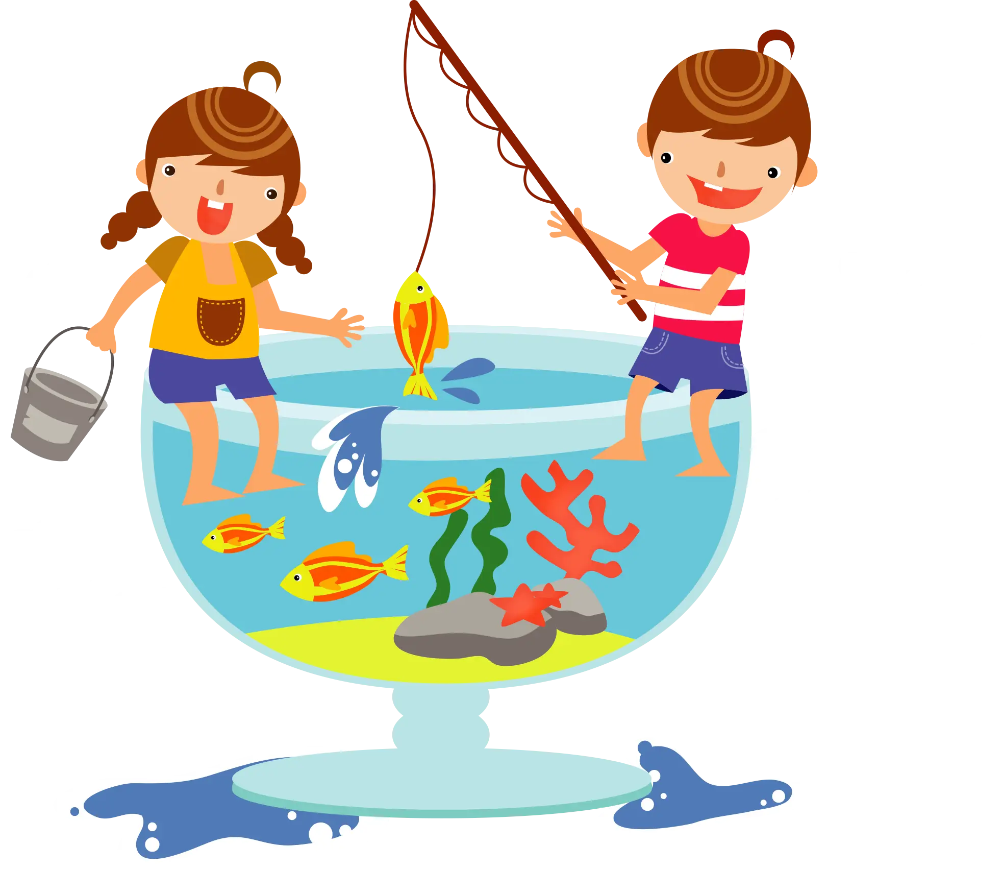 Kids Fishing in a Bowl Illustration