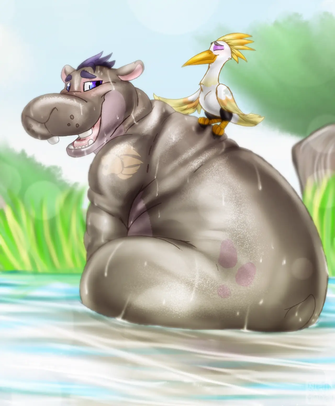 Hippo and Bird by the Water
