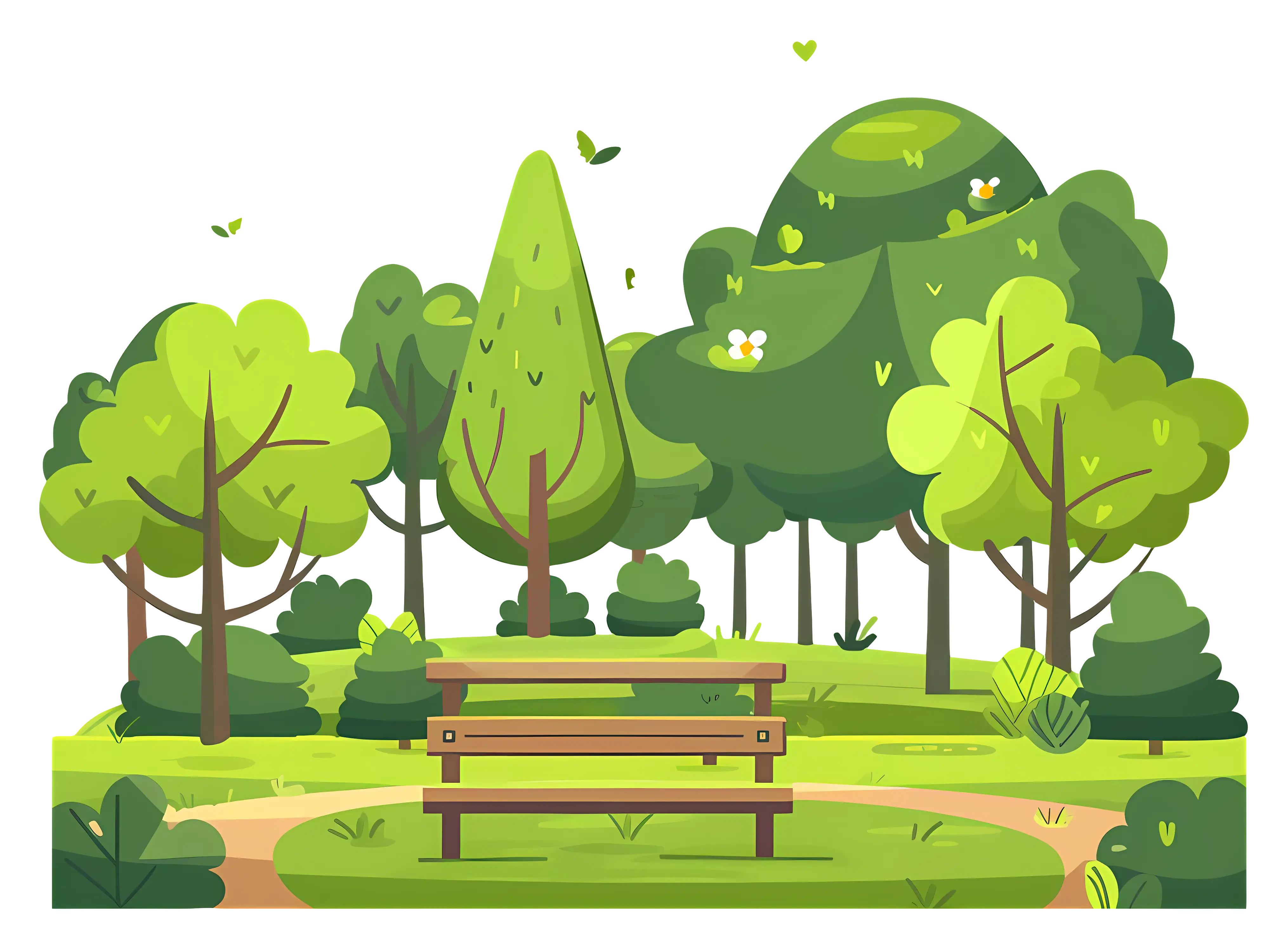 Green Park with Trees and Wooden Bench