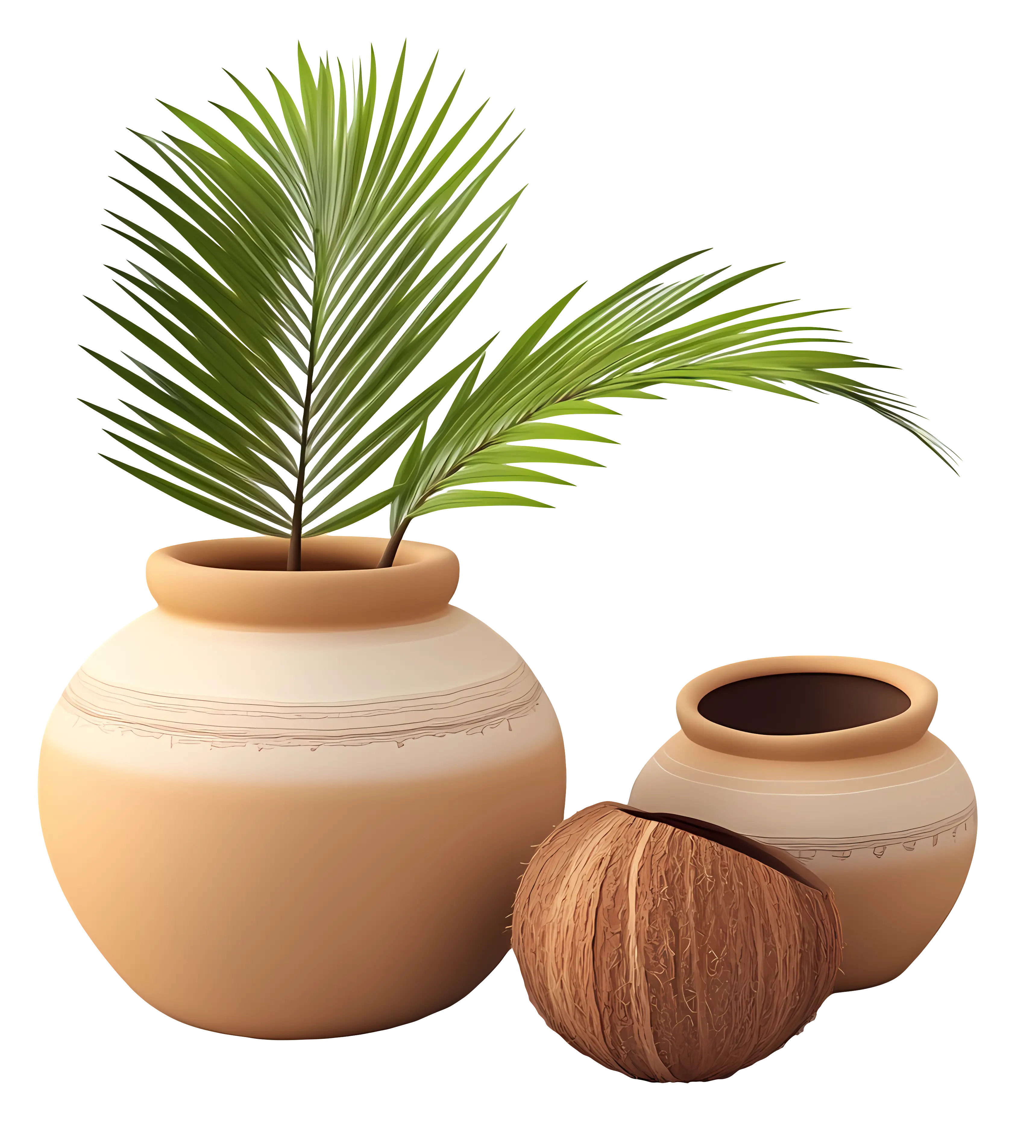 Clay Pots with Coconut and Leaves
