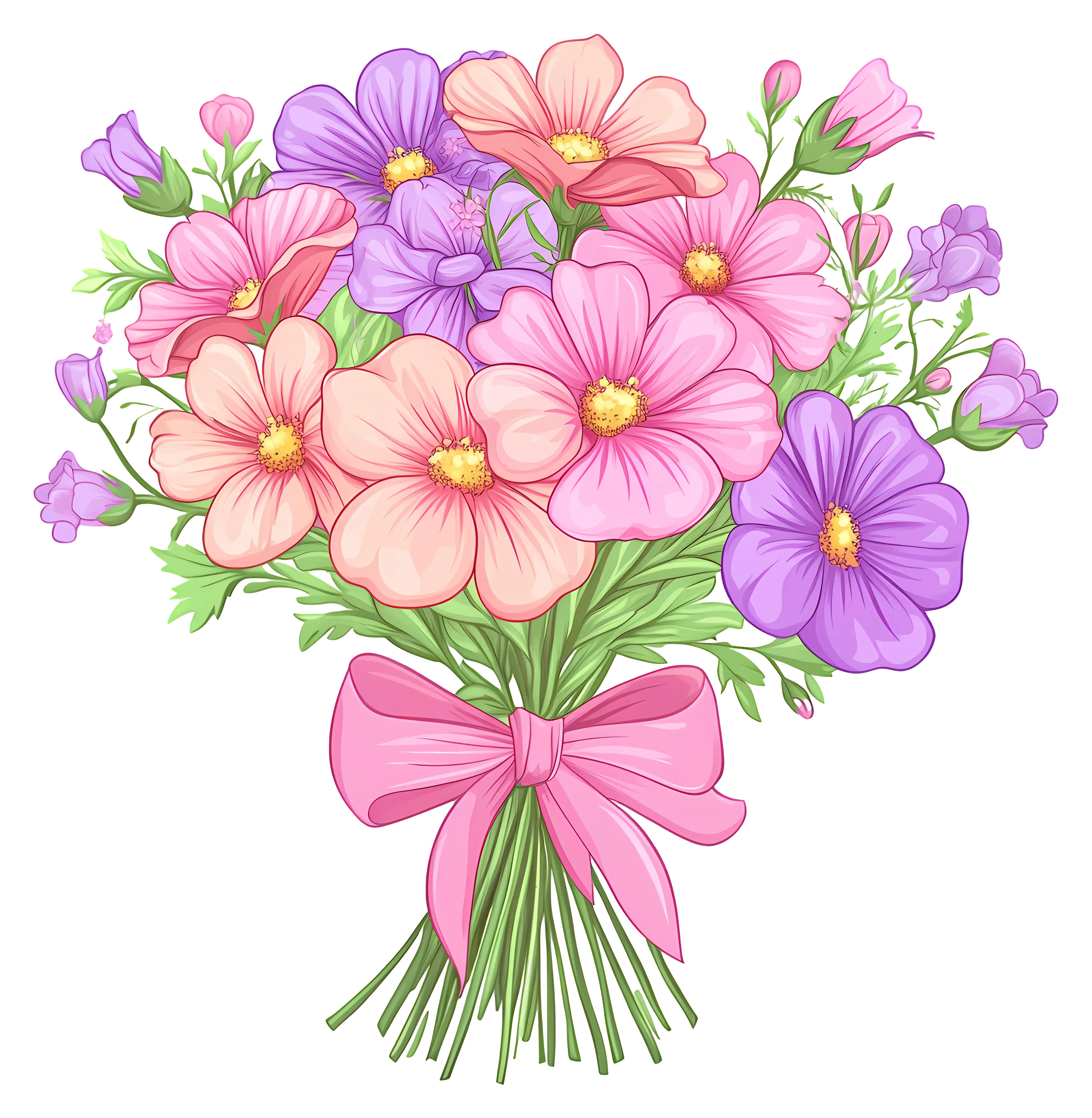 Beautiful Floral Bouquet Illustration with Pink Ribbon